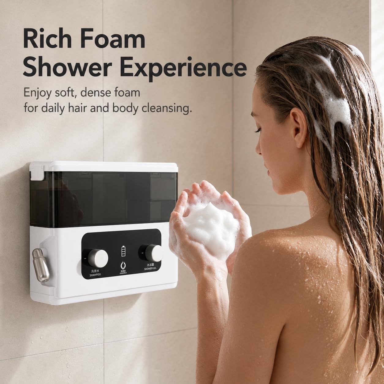Dispensador automático de jabón en espuma de pared, recargable, 620 ml, boquilla ajustable de 360°, dos modos de espuma y cámara de jabón de 220 ml más depósito de agua de 400 ml