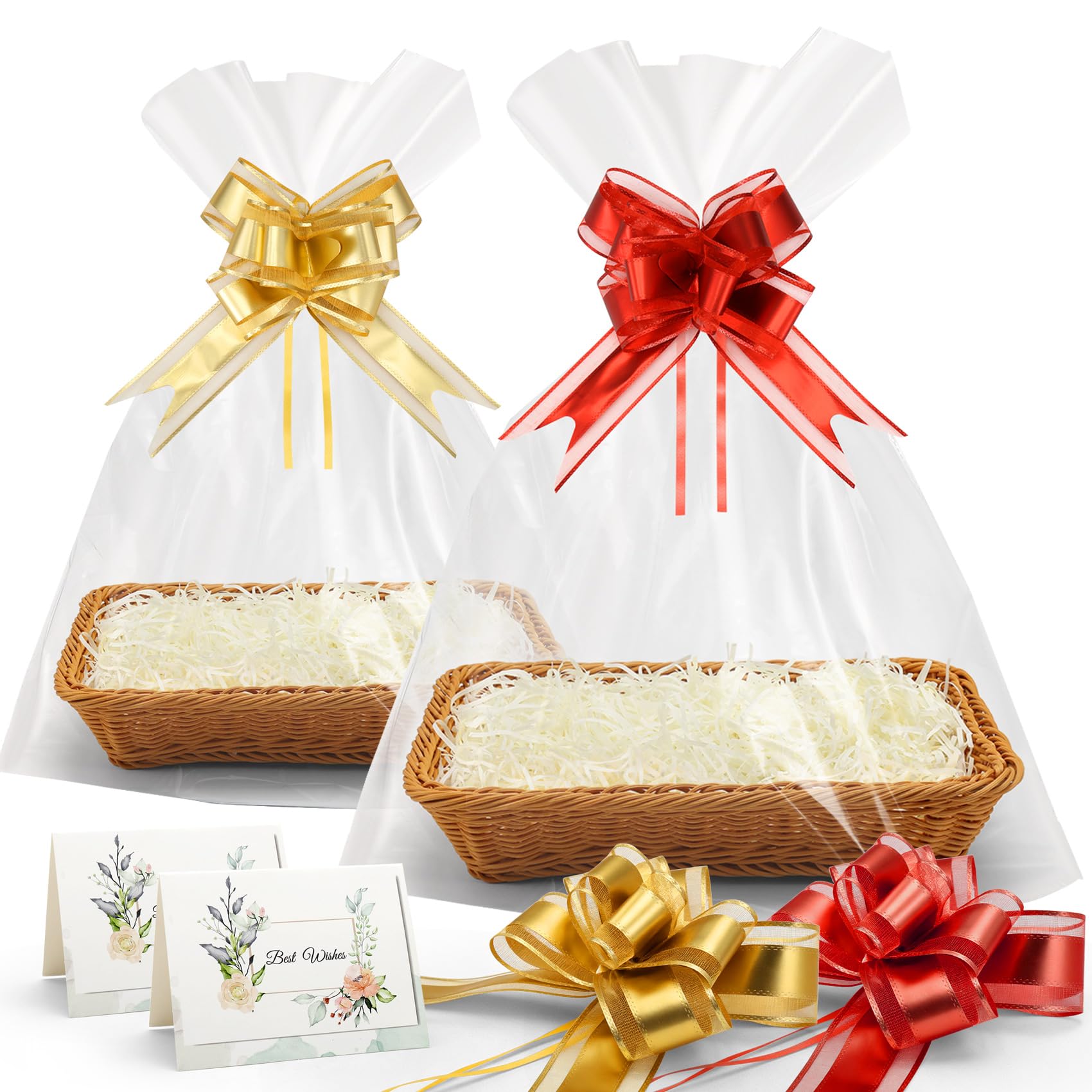 Micvtve Set di 2 cesti regalo, kit per creare il proprio cesto regalo con fiocchi, sacchetti di cellophane, biglietti di auguri, carta sminuzzata e cesto regalo vuoto, da utilizzare per compleanni