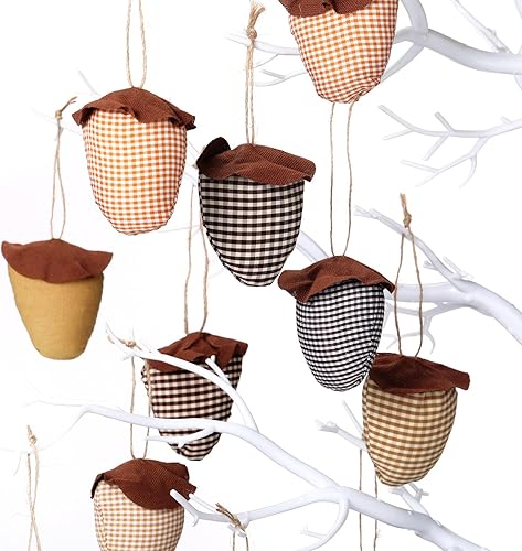 Miniatura 5 de 12 piezas de decoración de otoño de Acción de Gracias, tela a cuadros, bellotas y calabazas, adornos colgantes de bandeja de otoño, decoración de