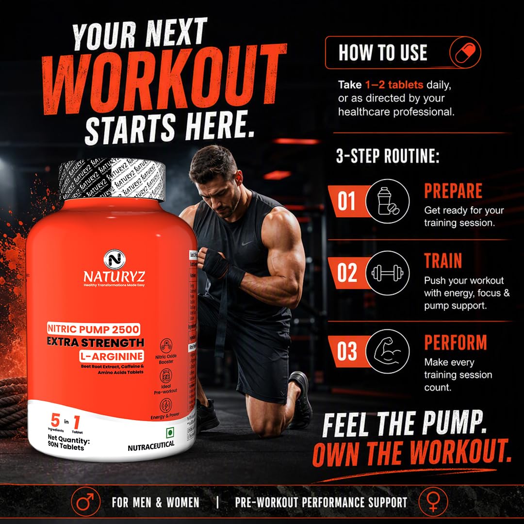 NATURYZ Nitric Pump 2500 Mg Extra Strength L-Arginine | L Citrulline | Caffeine | Boosts Stamina | Energy | Increases Blood Flow | Improves Performance | Ideal Pre-workout Supplement for Men & Women - 90 Tablets — Amazon image 7