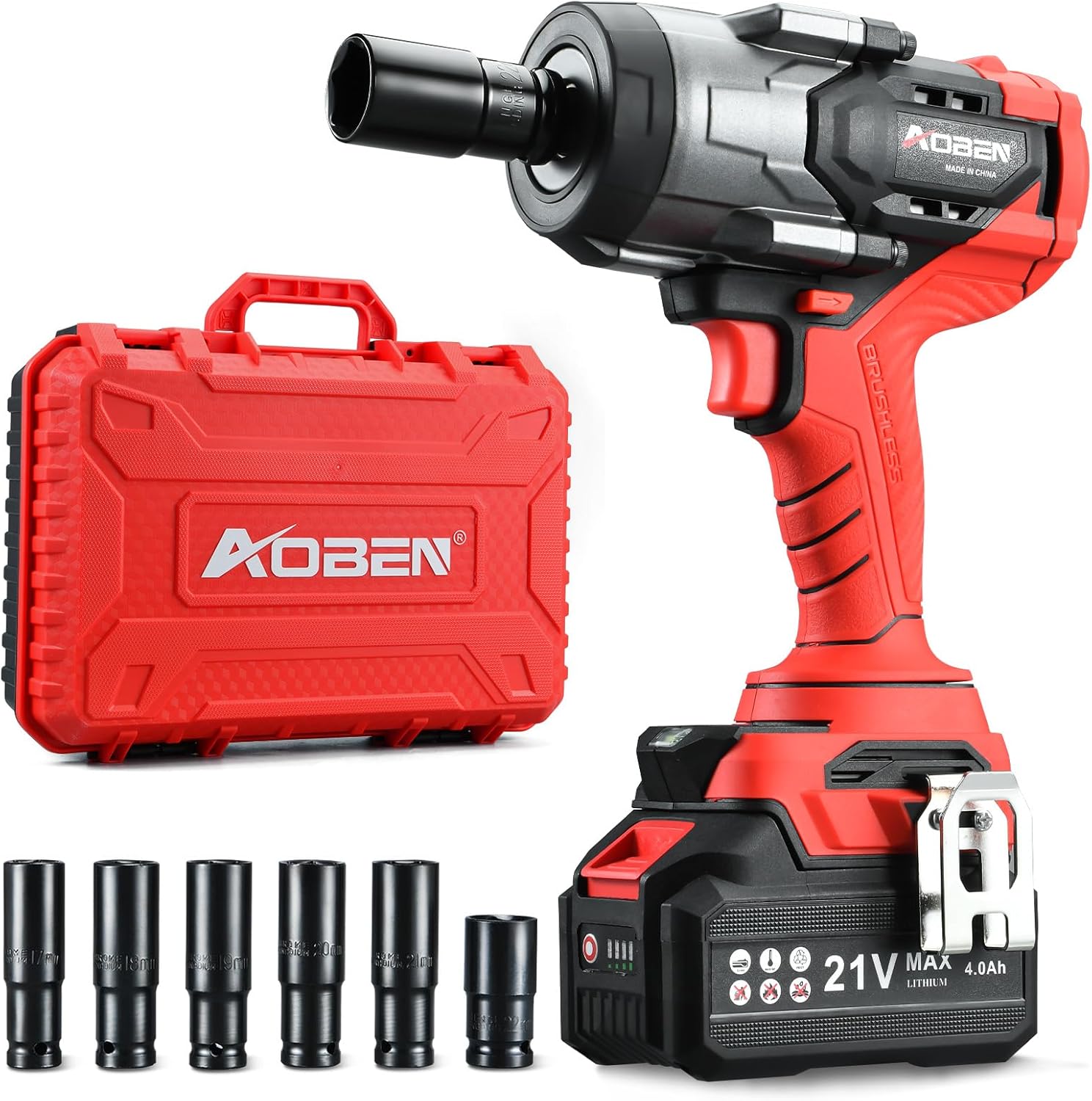 AOBEN 1100N.m Cordless Impact Wrench, 1/2" High Torque Impact Gun, 3-Speed 2500RPM Power Impact Driver for Car RV Tire Lug Nuts, Includes 4.0Ah Battery & Fast Charger, 6 Sockets & Carry Case