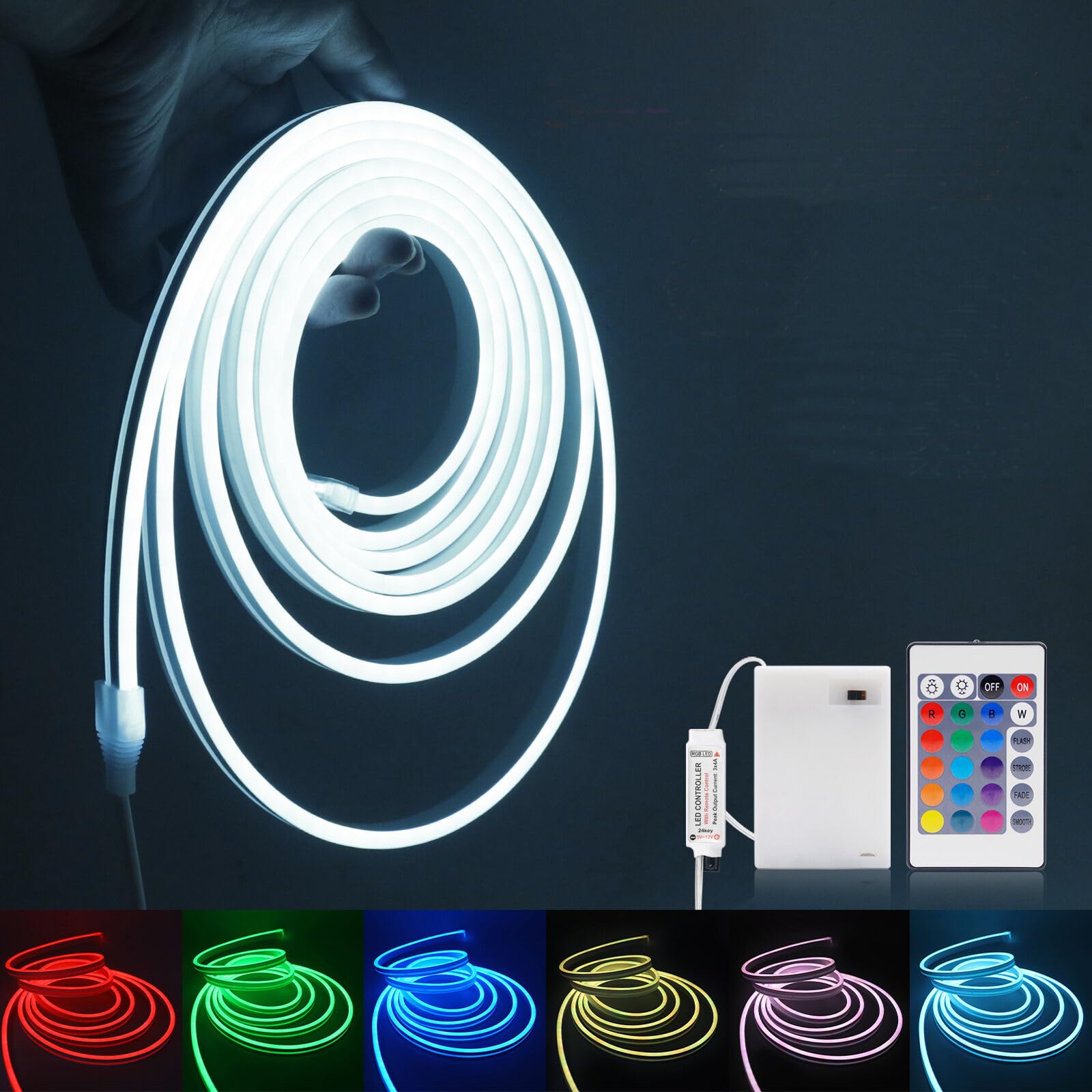 KISUFU 5V 3535 RGB Neon LED Strip Lights, 108 LEDs/m 6X12MM Flexible Led Rope Lights with 24-Key IR 3AA Battery Box Controller for Home Garden Bar Decoration.