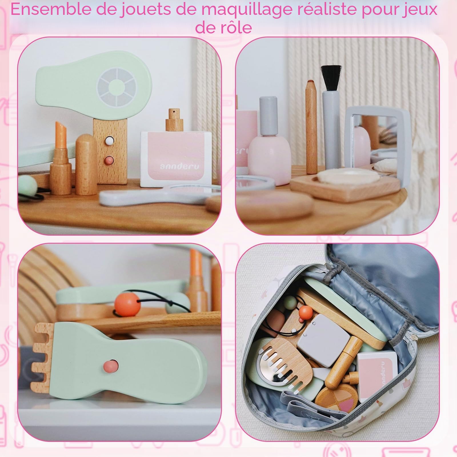 Gerbala Faux Maquillage Enfant Fille en Bois, Kit Beauté Bois, Malette Faux Maquillage, Accessoires Coiffeuse Fille, Coffre à Jouets Coiffure, Cadeau d'anniversaire de Noël pour 3 4 5 6 7 8 Filles