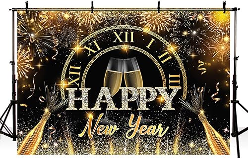 Miniatura 4 de AIBIIN Fondo negro y dorado de 7 x 5 pies, para fiesta de cuenta regresiva, Hola 2024, dorado, bokeh, purpurina, champán, fuegos artificiales, fondo
