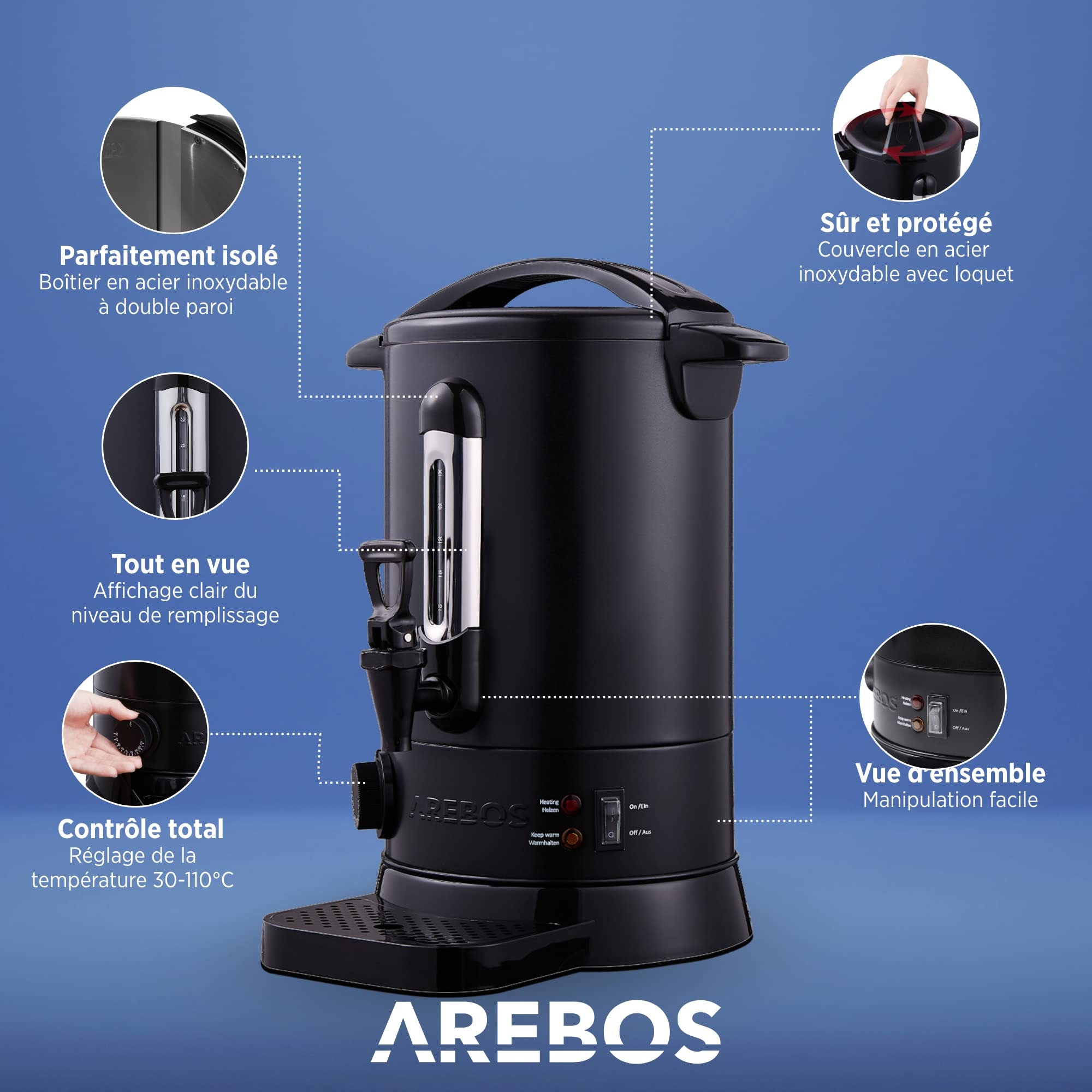 Arebos Distributeur de Boisson Chaudes 950W | Chaudière à eau 6,8L 30 Tasses | Marmite à Vin Chaud en Inox |Thé Café Soupe Dispositif de réchauffement |Thermostat | Réglage de la température 30-110°C