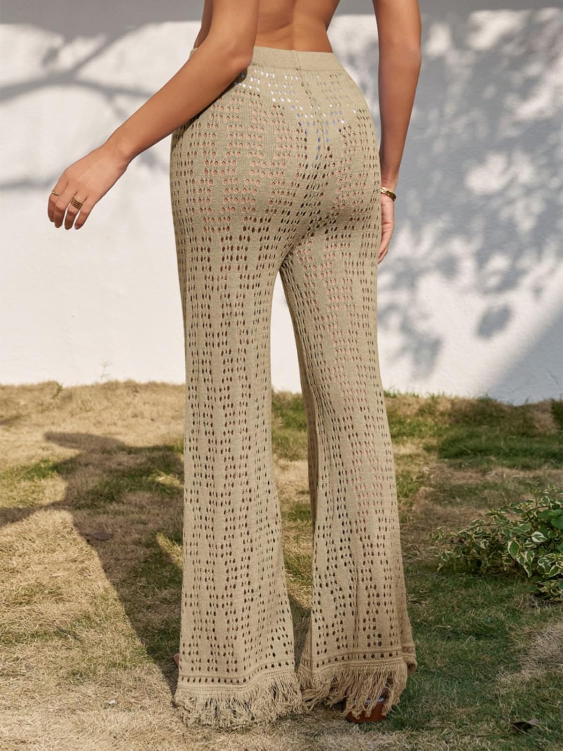 Fisoew Womens Crochet Cover Up Pants Casual Wide Leg High Waisted Hollow Out Tassel Summer Beach Mesh Bathing Suit Pants - Image 4
