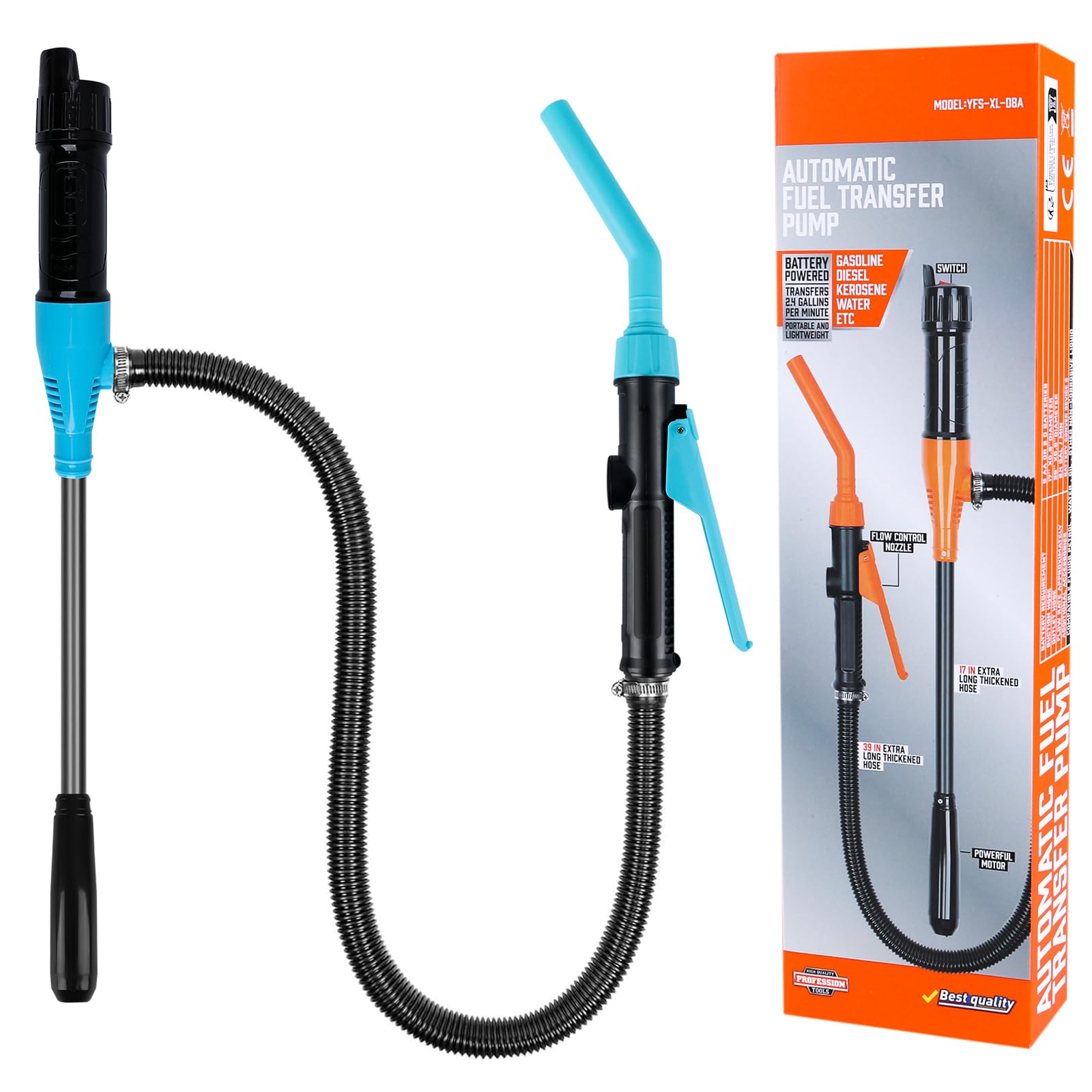 Pompa elettrica di trasferimento a batteria, 9 L/min (2.4 GPM) Pompa per carburante per benzina e diesel, Pompa a sifone portatile con tubo e regolazione del flusso, Pompa di trasferimento liquidi