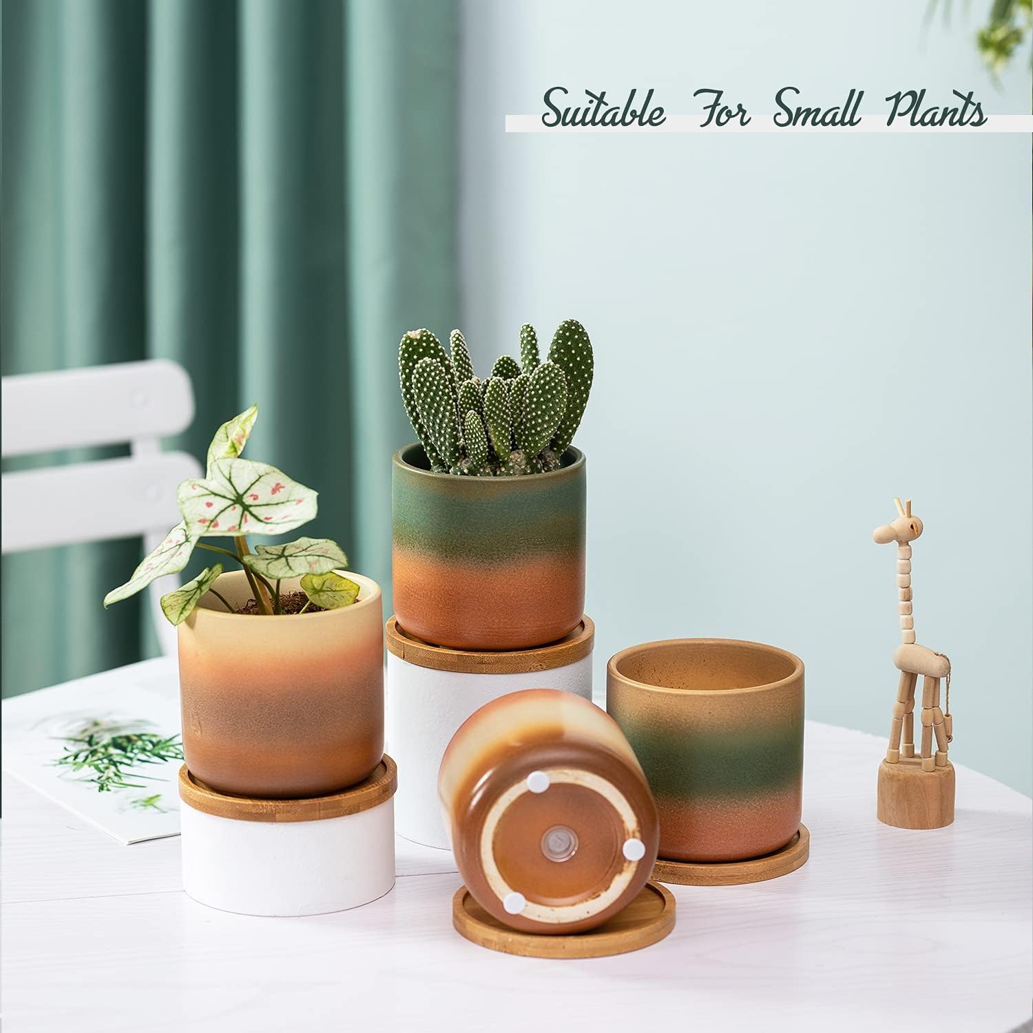 TAMAYKIM 4 Inch Cylinder Ceramic Plant Pots with Drainage Hole and Saucers, Small Glazed Gradient Colors Flower Pot with Trays for Indoor Planter, Succulent, Cactus and Herbs, Set of 4