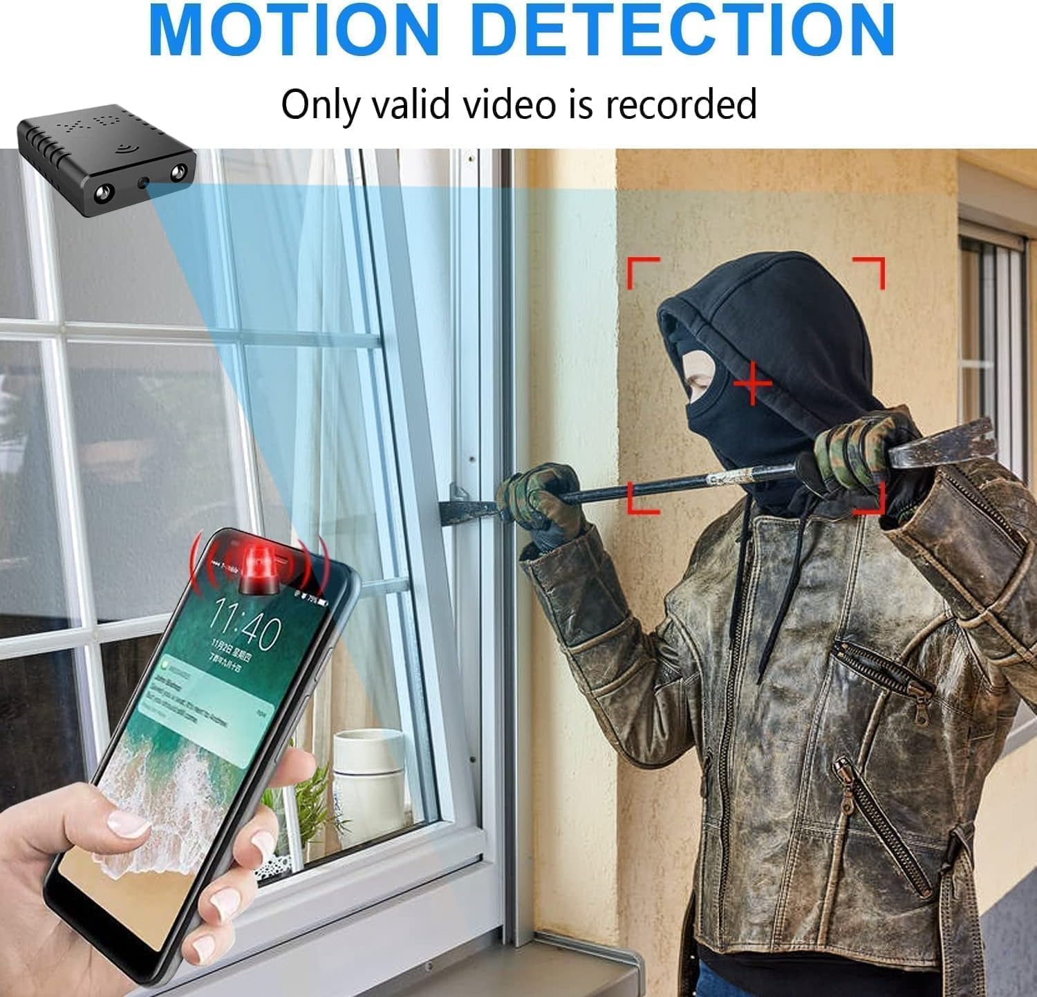 Motion detection alert on a smartphone screen with a burglar image.
