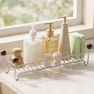 Bathroom Sink Counter Organizer, Stainless Steel Hollow Drain Basket | Multifunctional Kitchen Sponge Holder, with Wood Ball Decor for Dish Soap Toiletries and Soap(20cm/7.9")