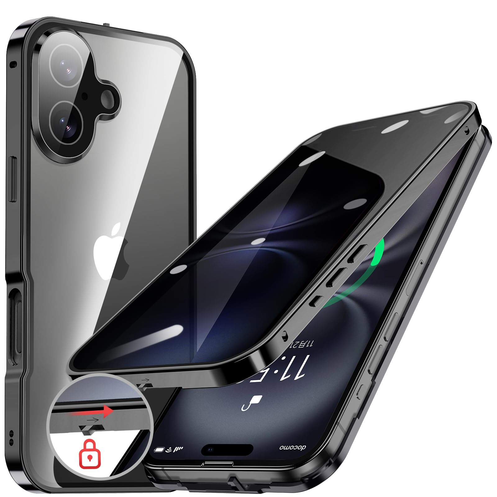 HGUTREY【覗き見防止・自動ポップアップボタン】 iPhone16 用 ケース 【ロック付き】【ストラップホール付き】一体型レンズ保護 両面9H強化ガラス あいふぉん16ケース 耐衝撃 アルミ バンパー メタルフレーム スマホケース 薄型 背面クリア 高感度タッチ 軽量 すり傷防止 ワイヤレス充電対応 アイフォン16 用 カバー 6.1インチ（ブラック）