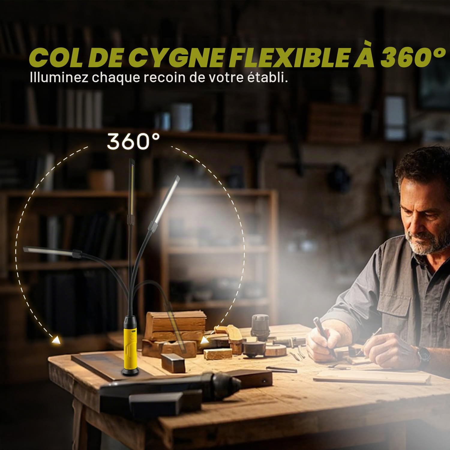 Lampe de Travail LED Rechargeable, 1000 Lumens 3 Modes Baladeuse LED Lampe Atelier avec Base Magnétique, 360° Flexible Lampe de Poche pour Garage, Camping, d'urgence, etc