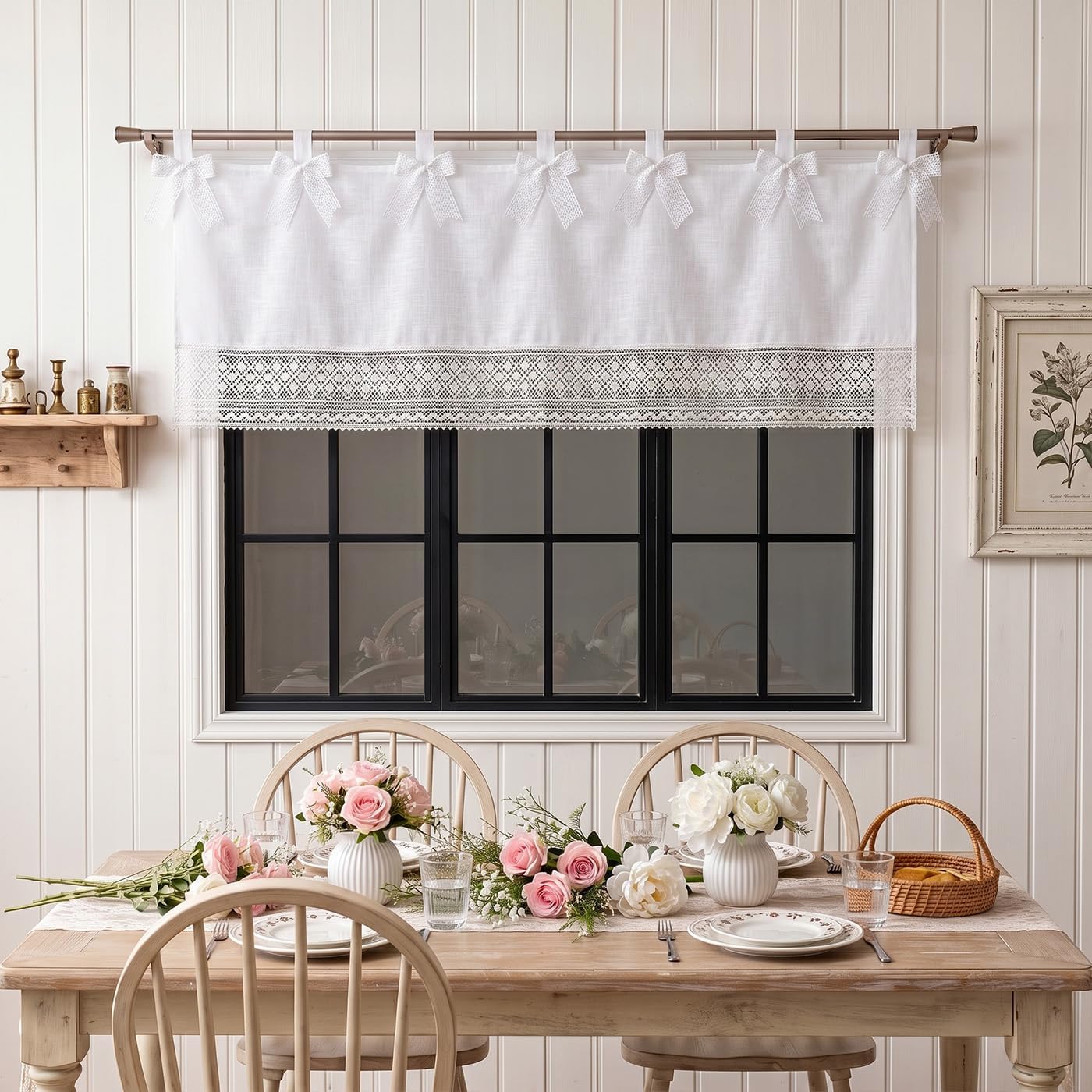 White Valance for Windows Lace Trim Bow Accents Small Curtain 60" x 18"