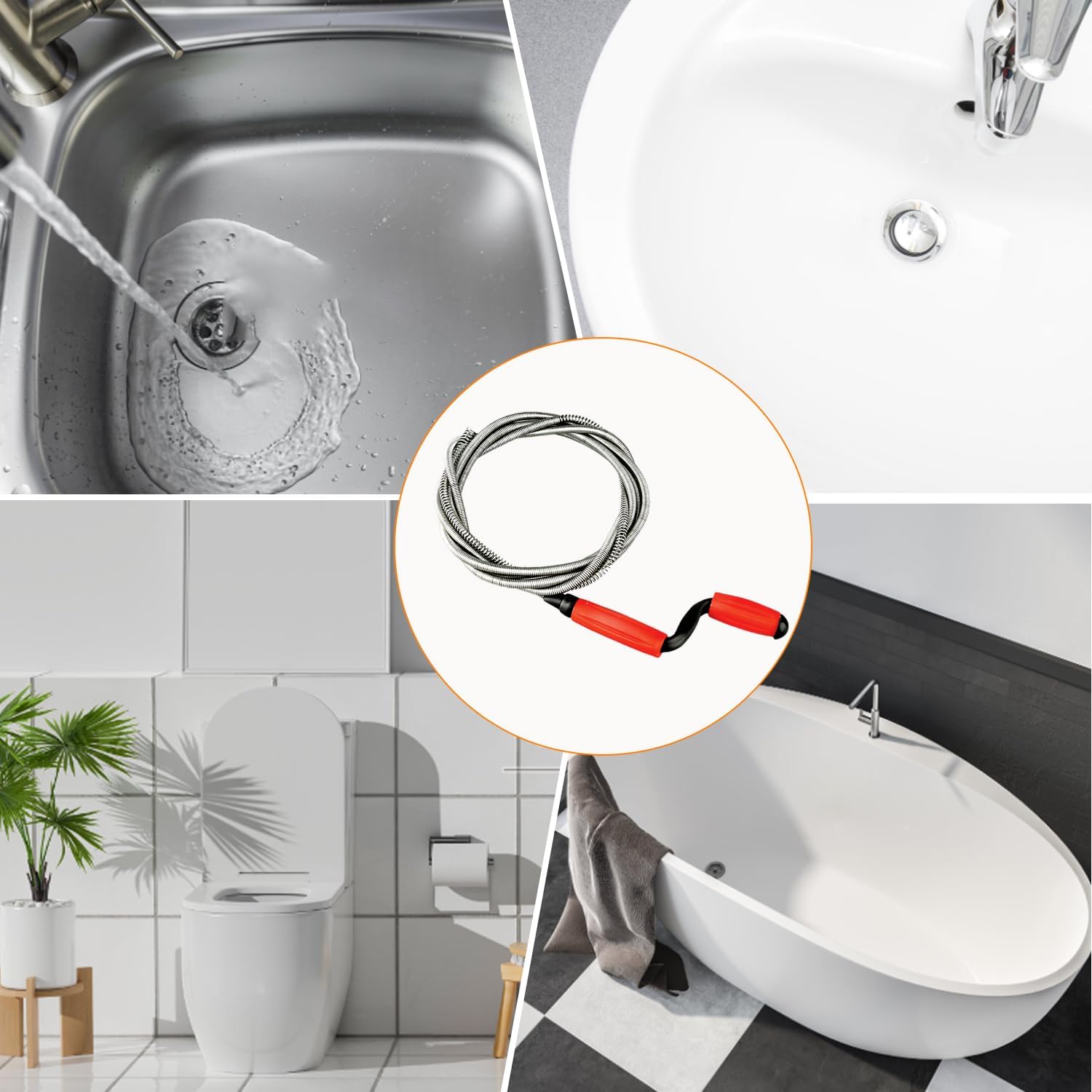 Collage of images showing the HUAREW Drain Auger being used in various household drains, including kitchen sinks, toilets, and bathtubs.