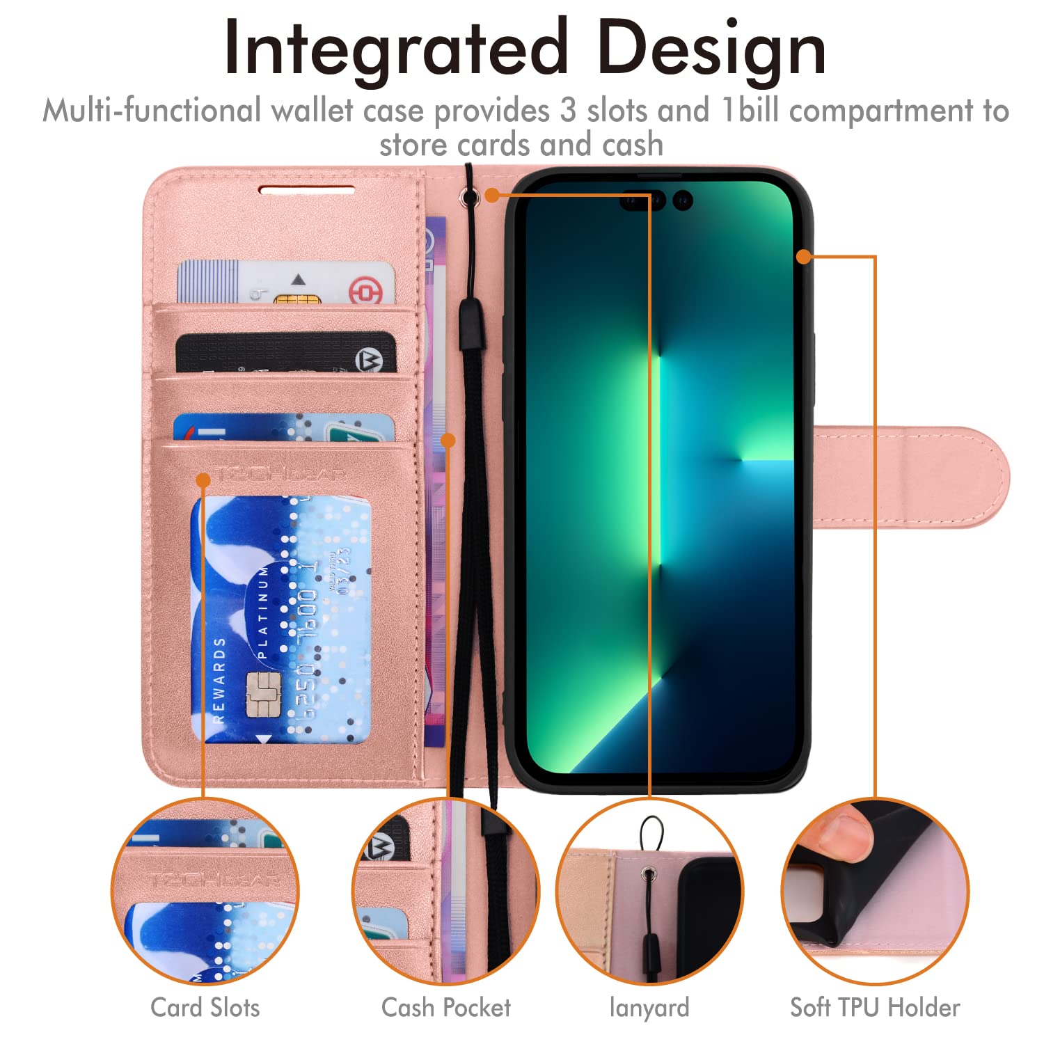 Étui Portefeuille IPhone 13 - Cuir PU Avec Rabat, Fentes Cartes, Béquille, Dragonne - Lavande, Vert