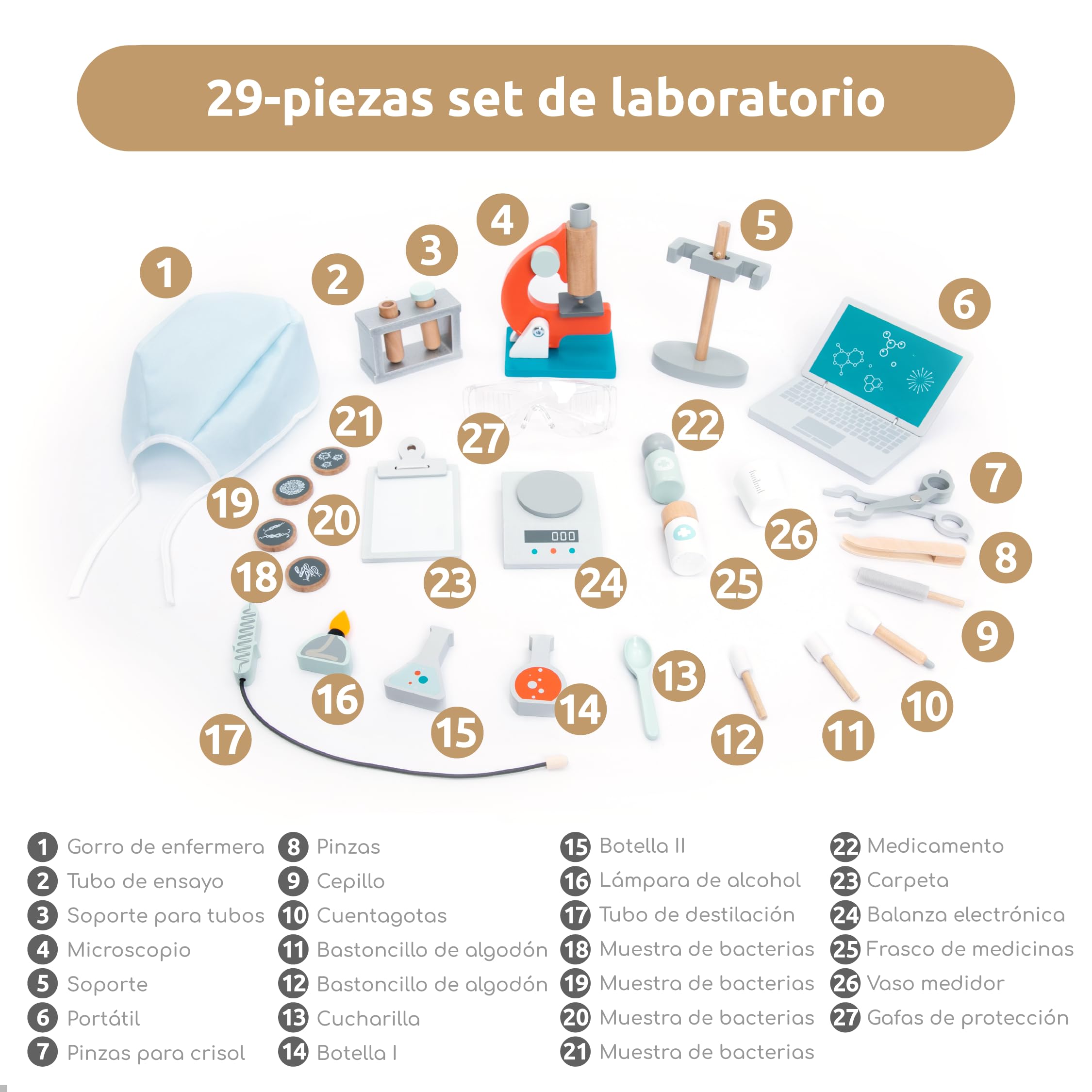 UMU® Juego de mesa de madera para niños con microscopio, tubos de ensayo y mucho más, juguete de médico para juegos de rol, juego de 29 unidades para niñas y niños de 3, 4, 5 años