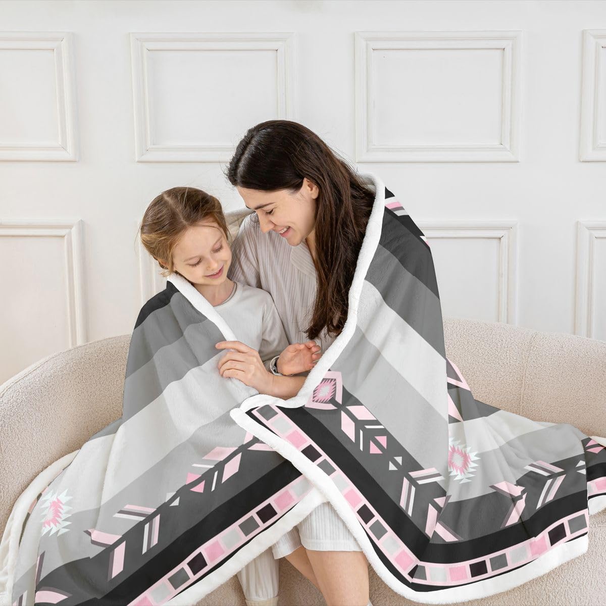 Southwest Native American Design Sherpa Twin 60"x80" Southwestern Geometric Fleece Throw Blanket for Kids Boys Girls Decor Tribal Pink Grey Black Plush Modern Art Fuzzy Blanket