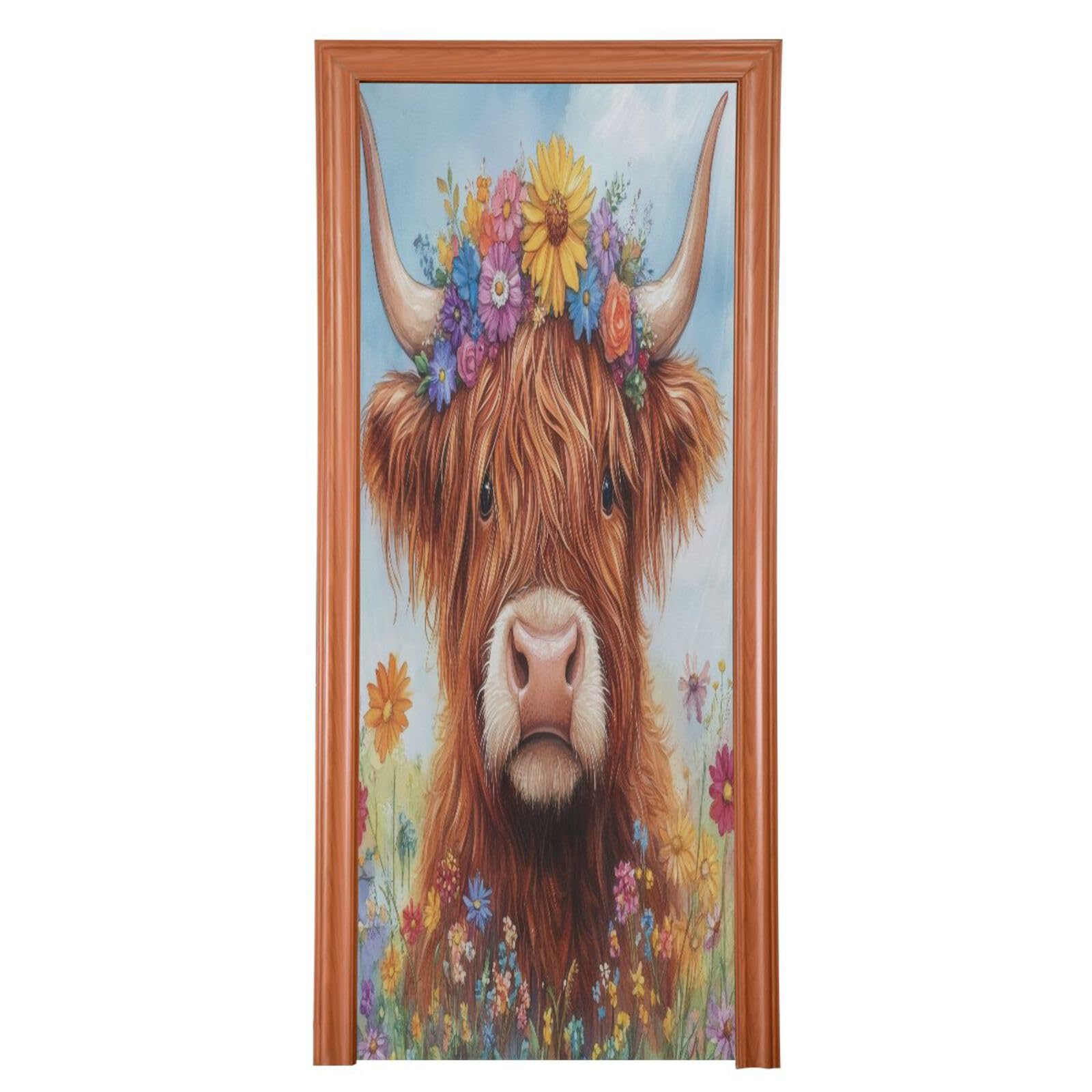 FLildon Highland Calf with Flowers Door Cover Decoration, Party Accessory Porch Decor for Festive Ornament Room Door Covers 32 x 79 Inch