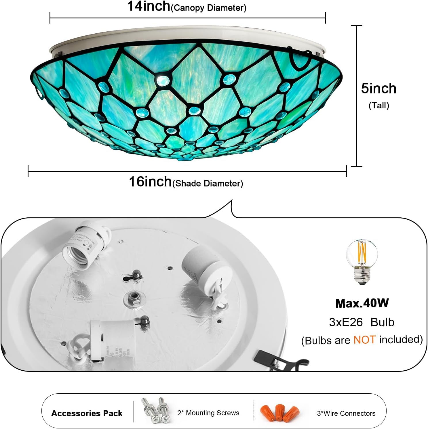ARTZONE Tiffany Ceiling Lights, Stained Glass Ceiling Light 3-Lights 16 Inch Tiffany Flush Mount Ceiling Light Fixture for Bedroom Dining Living Room Entryway Foyer