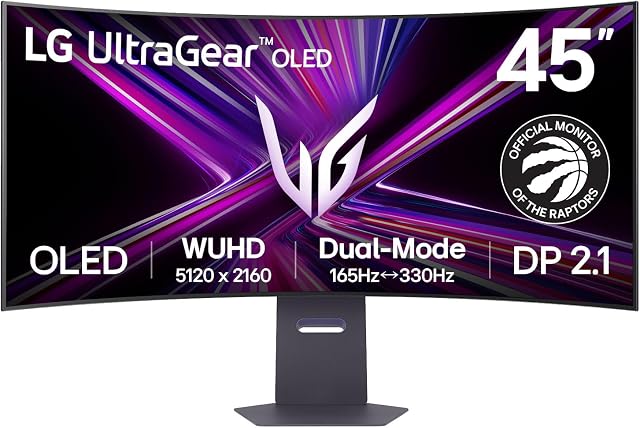 Moniteur de jeu LG Ultragear™ 45GX950A 45 po OLED à mode double 5K2K (5120x2160) incurvé 800R (WUHD 165Hz WFHD 330Hz) 0,03ms DisplayPort USB-C 90W Compatible NVIDIA® G-SYNC® AMD FreeSync™ Premium Pro