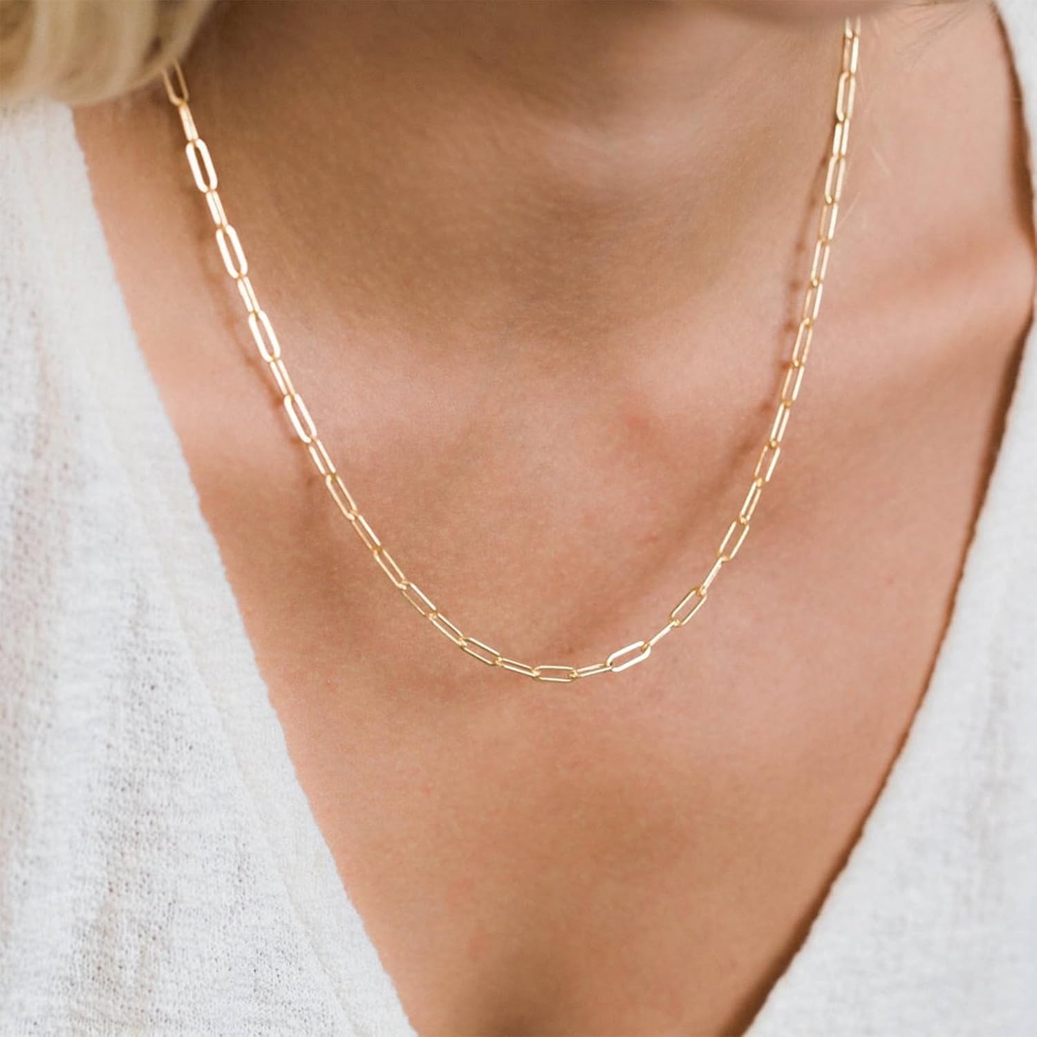 14K Gold Paperclip Chain Necklace for Women Men, 2.5mm 3mm Width Rectangular Link Chain, 16-24 Inches Length, Hypoallergenic, Non-Tarnish, Cadenas De Oro 14K Para Mujer