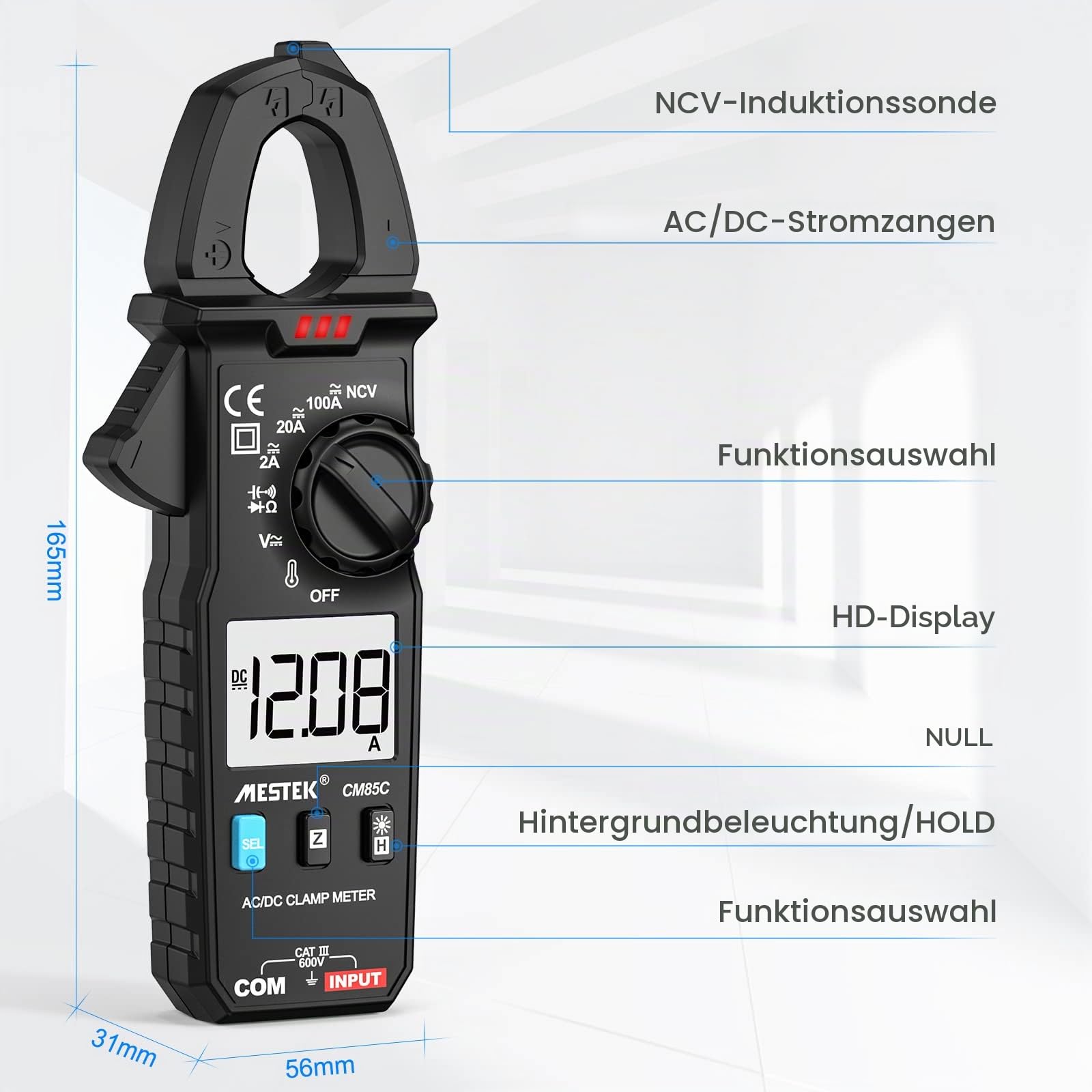Stromzange Digital Zangenmultimeter MESTEK AC DC Clamp Multimeter Strommessgerät True-RMS 600V 100A Auto-Ranging Amperemeter Strom Spannung Tester Temperatur Widerständ Kapazität Dioden Durchgang NCV