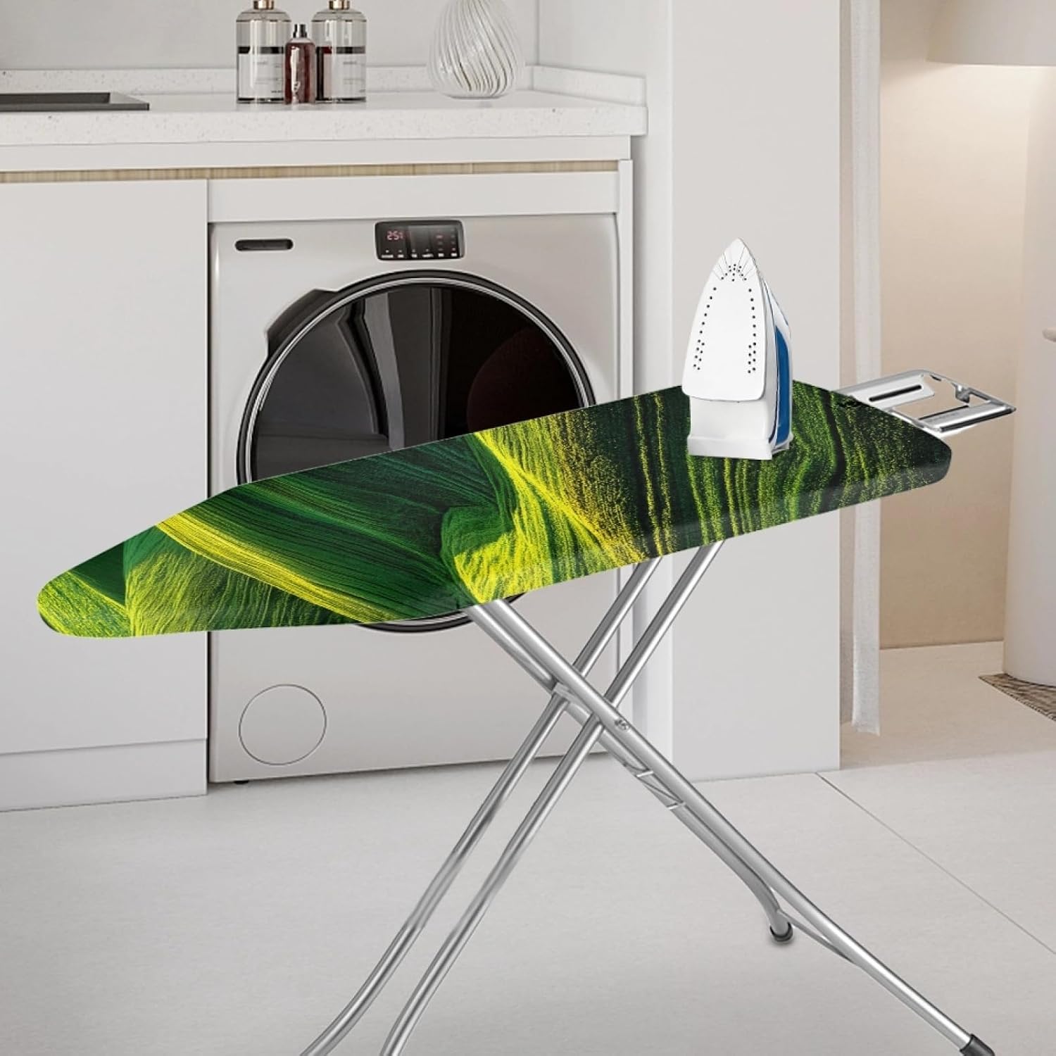 Large Ironing Board Cover and Pad 59x19 Green Layered Wave Lines Iron Table Cover with Padding,Extra Wide,Resist Scorching and Staining,Heatproof,Adjustable Fastener Durable Stain