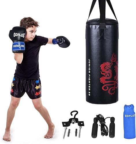 Goplus Juego de saco de boxeo con guantes, saco de patadas y boxeo relleno de 22LBS/40LBS, mochila, cuerda de salto, gancho firme, saco pesado