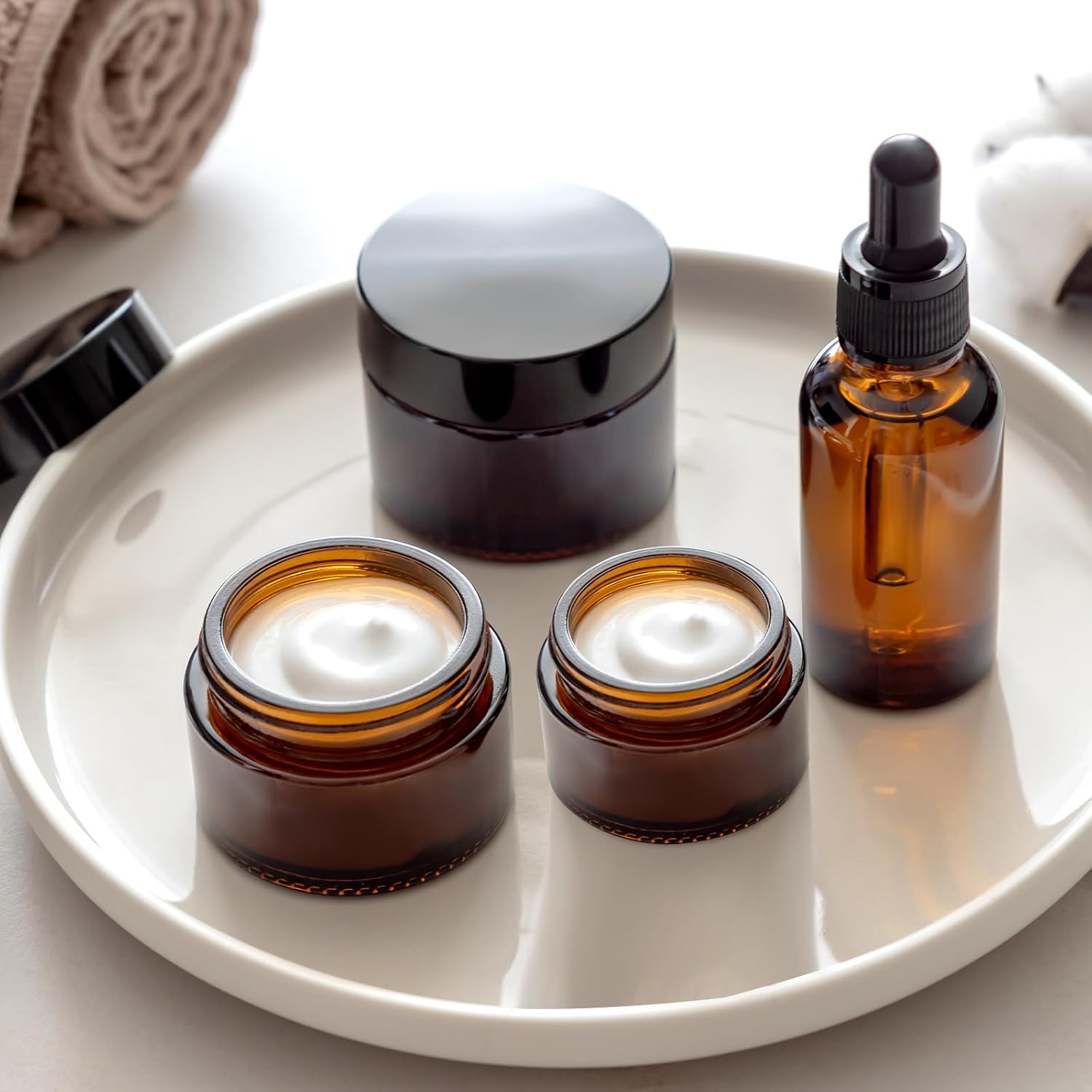 1 Oz Amber Round Glass Jars with Inner Liners and Black Lids(24PCS) Empty Cream Containers Refillable Cosmetic Vials for Cosmetics, Lotions, Ointment, Body Scrubs & Balms