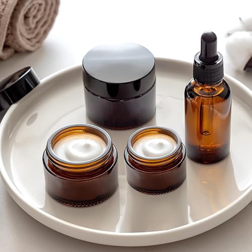 Miniatura 2 de IRON BILL Tarros redondos de vidrio ámbar de 1 onza con forros interiores y tapas negras (24 unidades) recipientes de crema vacíos frascos