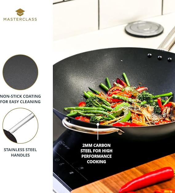 MasterClass Wok Carbon, Non Stick, Carbon Steel, 8 Litres Wok Pan, 35.5cm (14''), Black