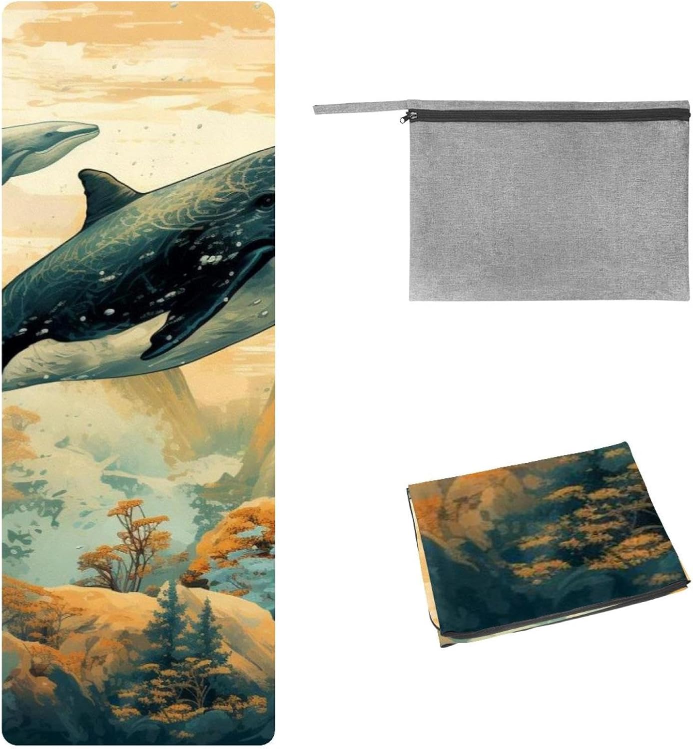 Yoga Towel, Whale Sea Pattern Non Slip Sweat Absorbent Hot Yoga Mat Towel for Hot Yoga, Pilates and Fitness - 72.8" x 26.8"