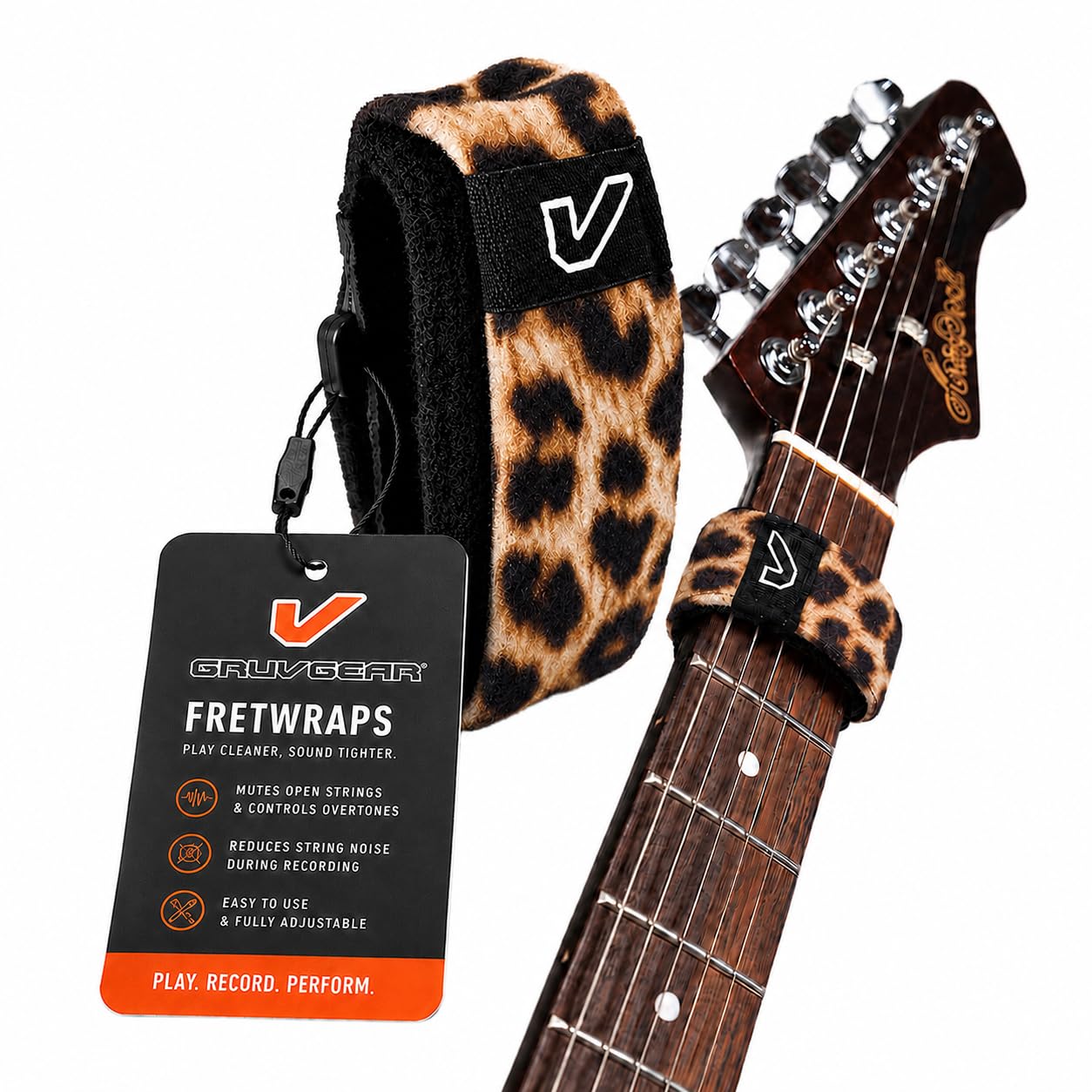 Gruv Gear Fret Wrap &amp; Guitar Mute, Fretwrap for Acoustic, Electric &amp; Bass | String Dampener Recording, Tapping &amp; Practice Accessory (1 Pack, Small Leopard, Fits 4 String Bass, 6 String Guitar)