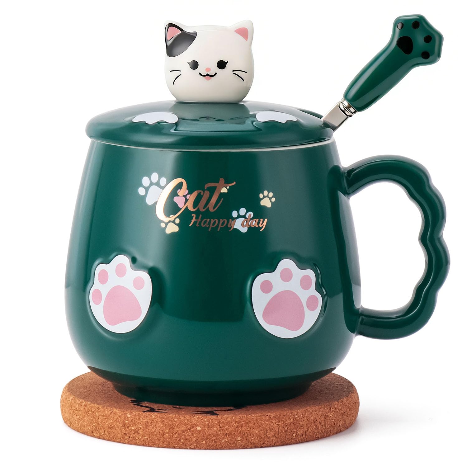Dltsli Ceramic Cat Mug with Lid and Spoon Porcelain 13.5oz Green