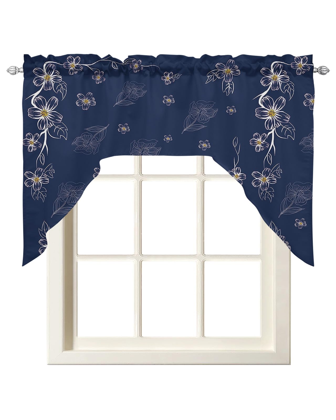 Navy Blue Spring Floral Swag Valances for Windows, Kitchen Window Curtains Over Sink, Modern White Flowers Botanical Art Window Treatment Shades Drapes Curtains for Bedroom 56"x36"