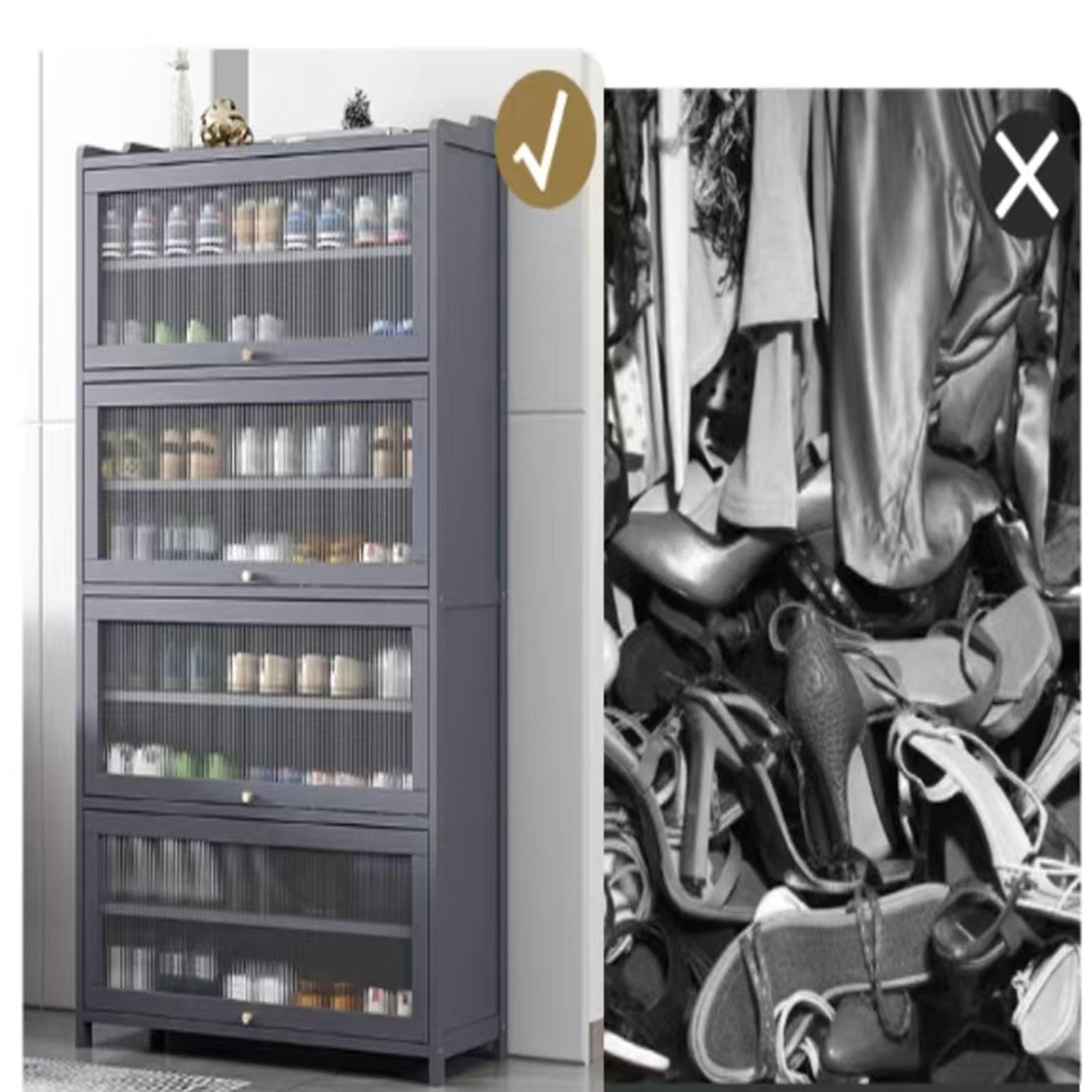 Gabinete de zapatos de bambú, puerta transparente, estante de zapatos de gran capacidad, con puerta plegable (Gris, 80cm,9capas)
