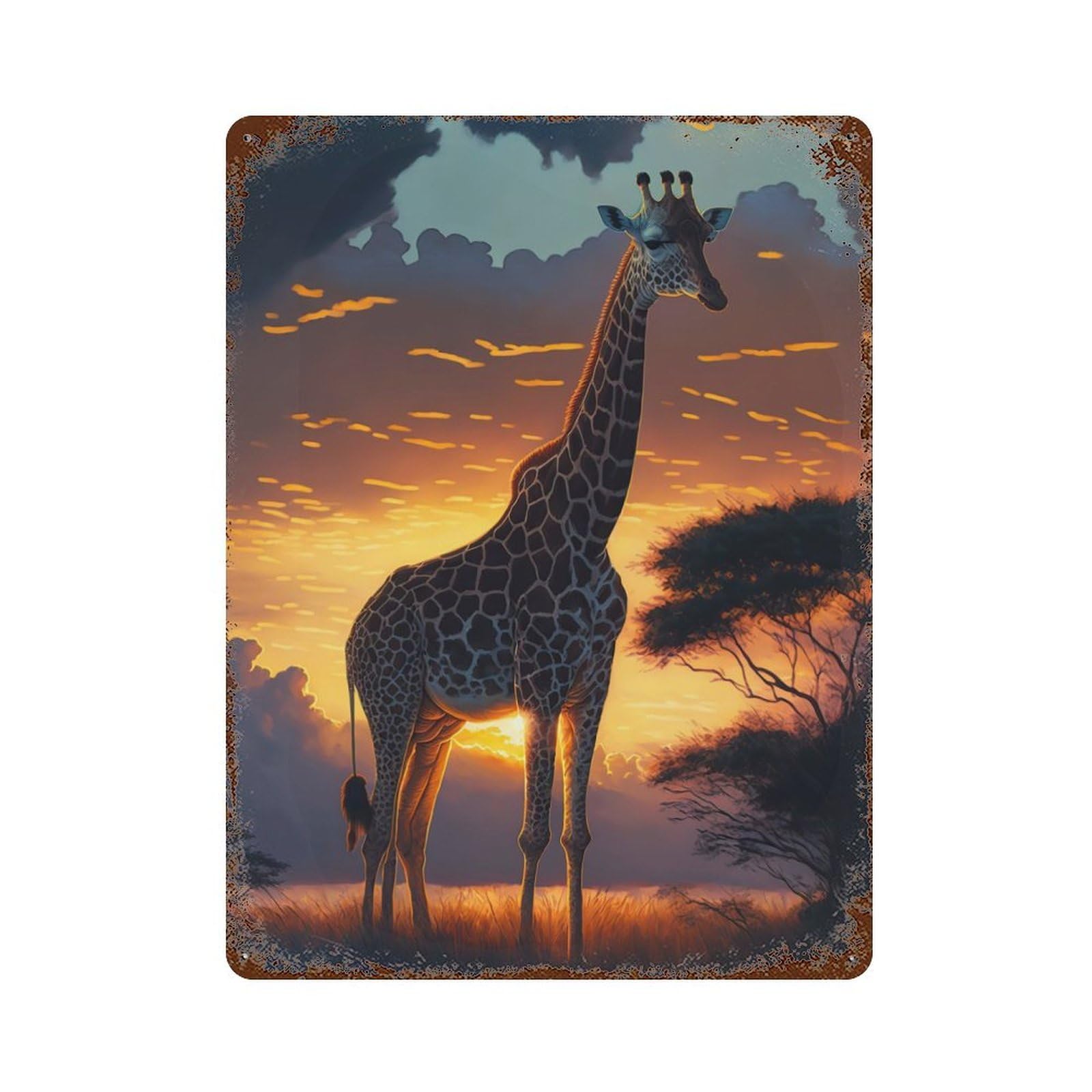 Garage Style Giraffe Animal Sunset Rusty Metal Tin Sign 15.7"x11.8", Novelty Wall Decor for Bar And Workshop
