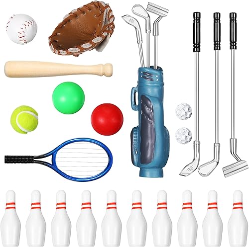 Skylety Juego de 23 piezas de deportes en miniatura para casa de muñecas, mini golf, béisbol, tenis, bolos, palos de pelota de golf, raqueta, mini