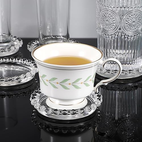 Miniatura 3 de JUXYES Juego de 5 posavasos redondos de vidrio, posavasos de vidrio transparente para bebidas, café, té, vino, posavasos decorativos para botellas