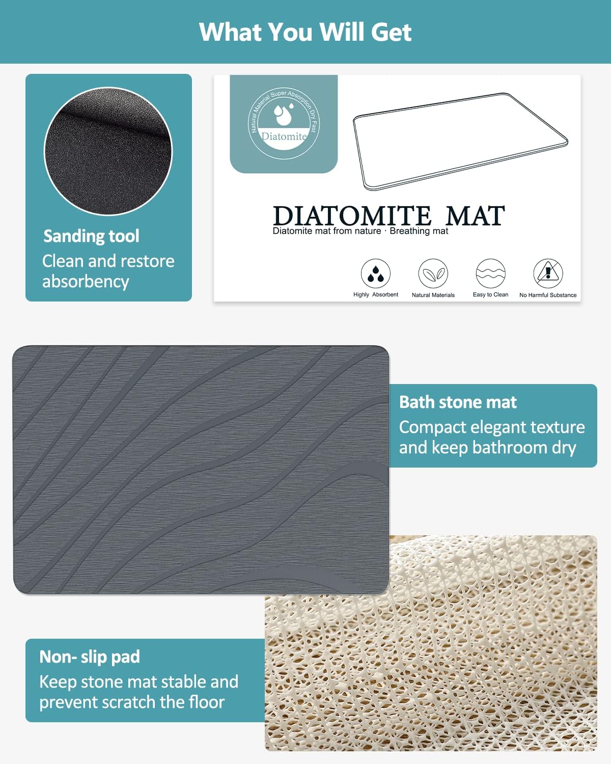 Stone Bath Mat ,Diatomaceous Earth Shower Mat Nonslip Super Absorbent Quick Drying Bathroom Floor Mat for Kitchen Counter , Natural Bathroom Mat Stone Easy to Clean (23.7 x 15 .5inch)