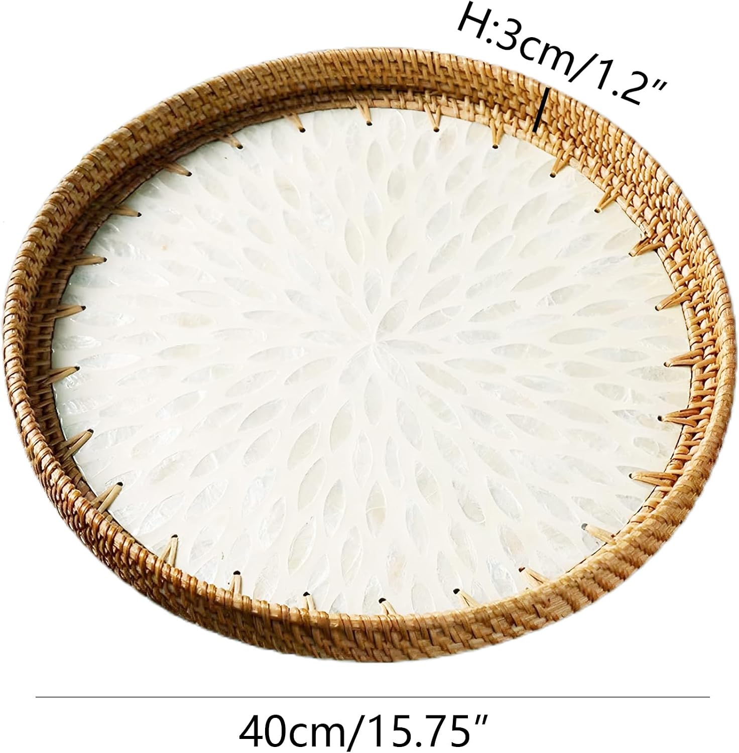 i-lan 16 Inch Round Mother of Pearl Inlay Rattan Platter Tray,Rattan Coffee Bread Serving Tray with MOP Inlay Wooden Base,Decorative Wicker Basket for Table Decor,Storage of Fruit,Candy