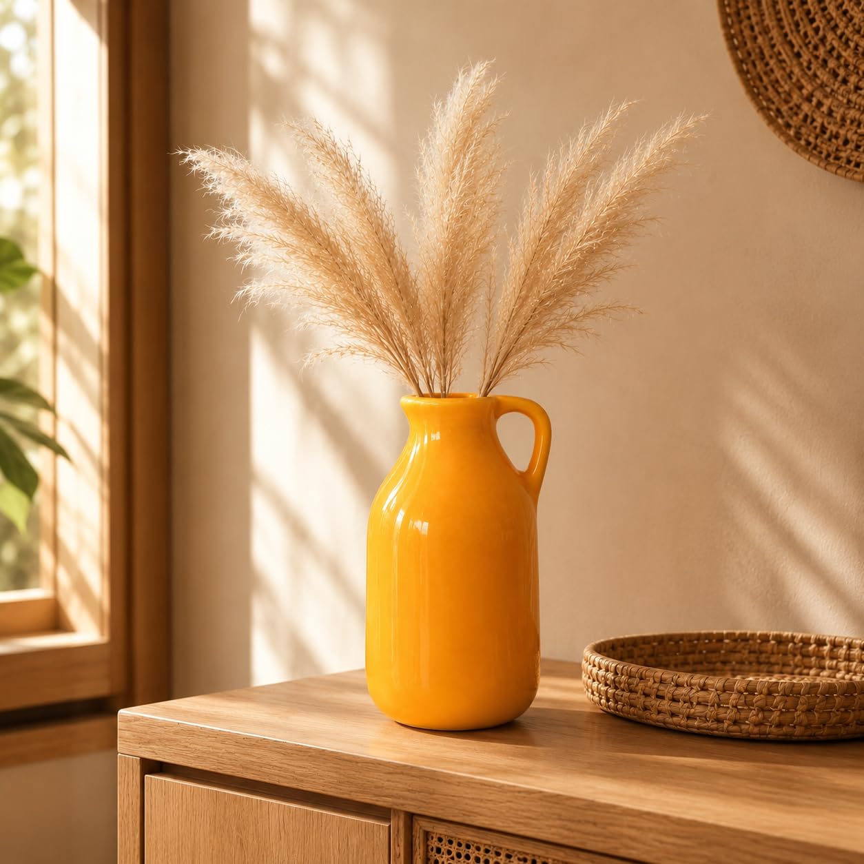 Ceramic Vase, Mustard Yellow, Jug Style with Handle, Glossy Finish, 17 cm, for Pampas Grass, Dried Flowers, Table Décor-image-1