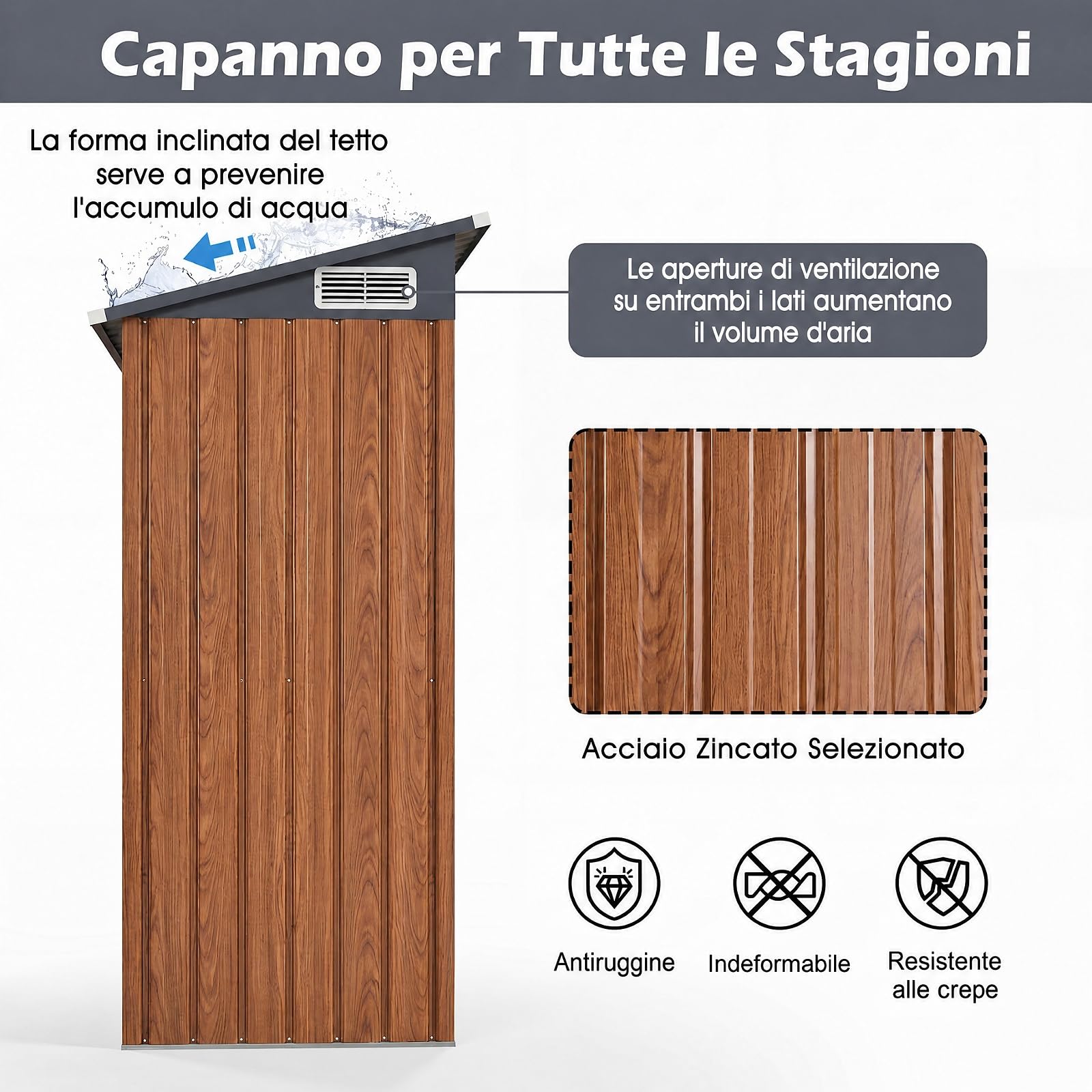 COSTWAY Armadio da Esterno in Metallo Zincato (Legno) | Capanno Giardino con Tetto Inclinato, Venti d'Aria e Porta con Chiusura, Casetta Porta Attrezzi da Cortile, Prato e Patio