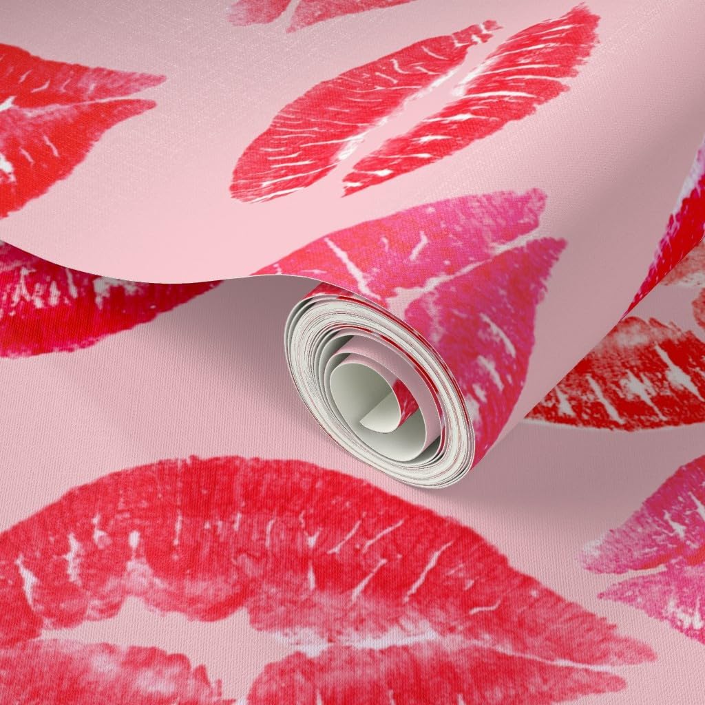 Peel & Stick Wallpaper 3ft x 2ft - Lipstick Kiss Kitsch Valentine Kisses Valentine's Day Love Pink Red Romance Sweet Custom Removable Wallpaper by Spoonflower
