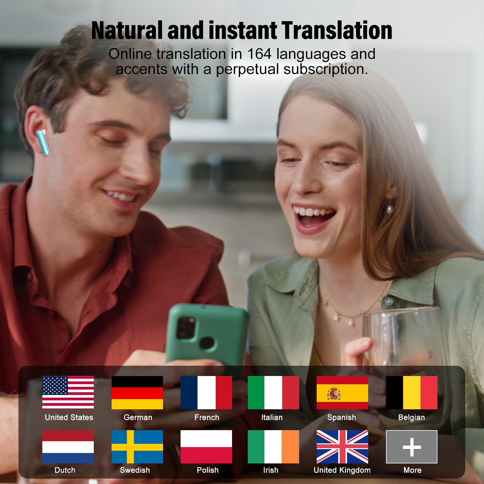 Puqo AI Auriculares traductor en Tiempo Real, Cascos Inalambricos Bluetooth 5.3 con ENC y App con Viajes/Negocios/Reunirse, Azul Claro
