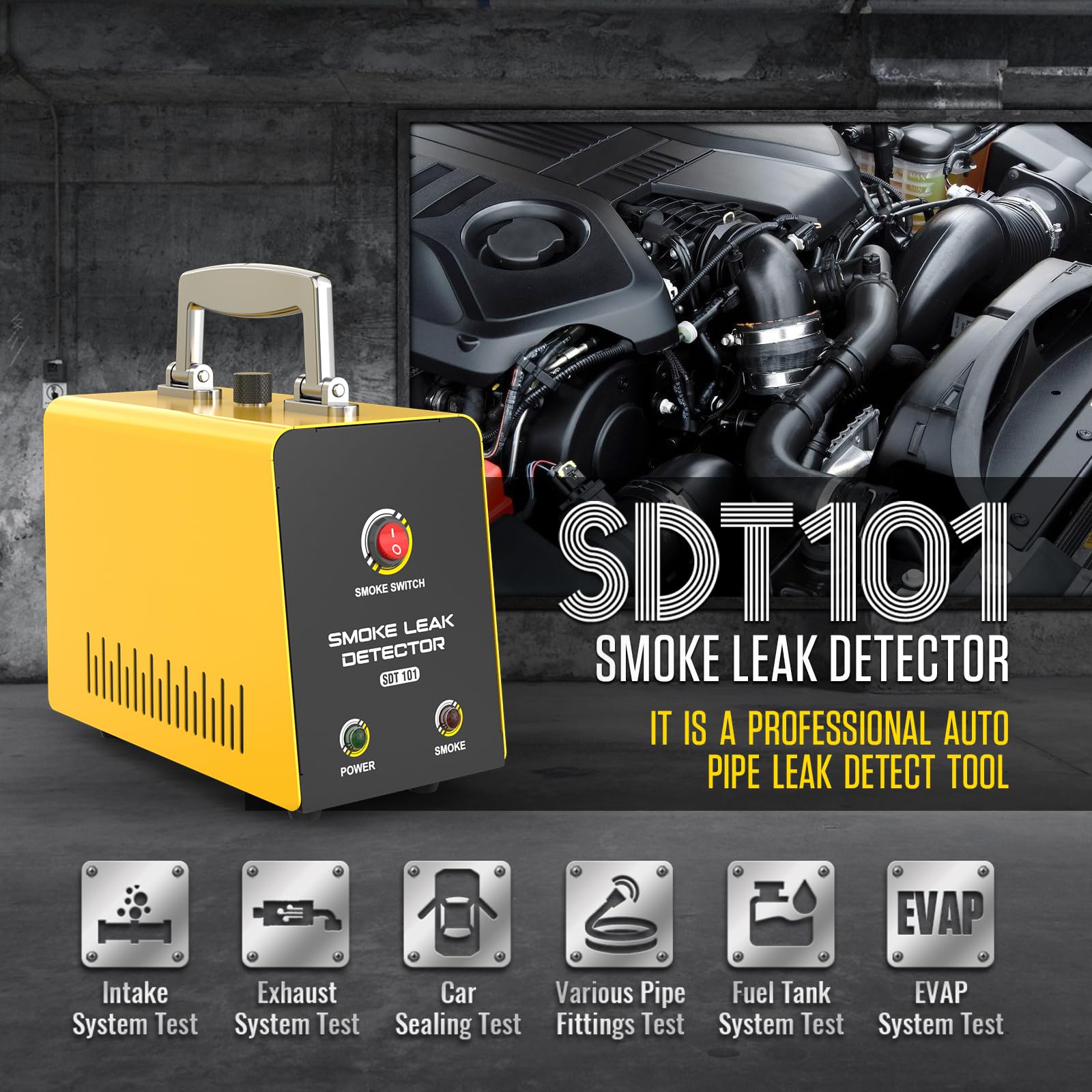 Localizador de Detector de Fugas de Humo SDT101 EVAP Detectores de Fugas de Combustible Máquina de Humo Probador de Fugas de Tubos de automóviles para 12V Todos los vehículos