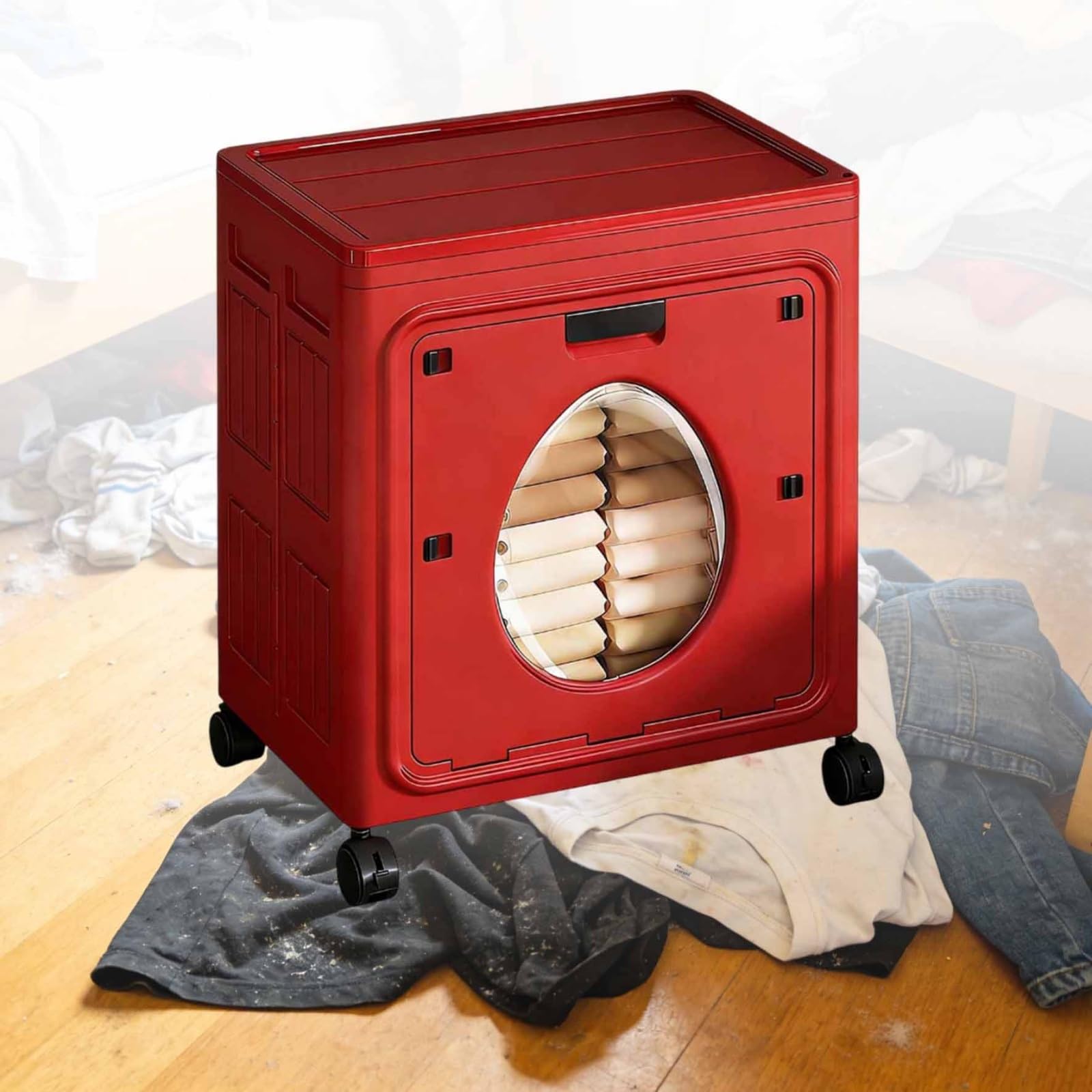 Cesto portabiancheria pieghevole, grande capacità per biancheria sporca, contenitore per biancheria con coperchio e ruote, cesto portabiancheria portatile per camera da letto, bagno(Red)