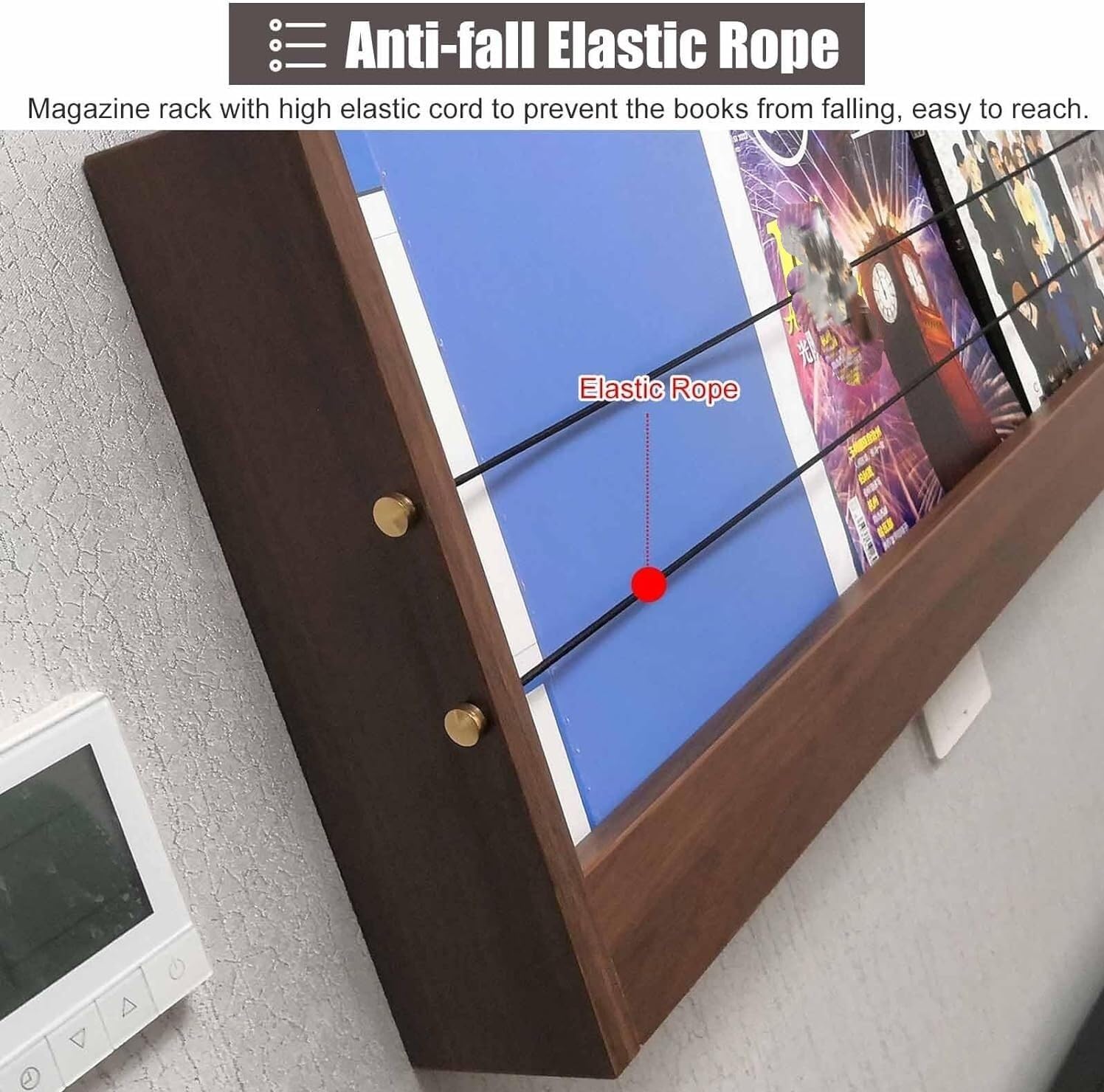 CucCe Expositor portafolletos Estantes montados en la Pared del Tenedor de Madera exhibición Revista folleto con el cordón elástico Anti caída para folletos y revistas(Brown,94cm/37)