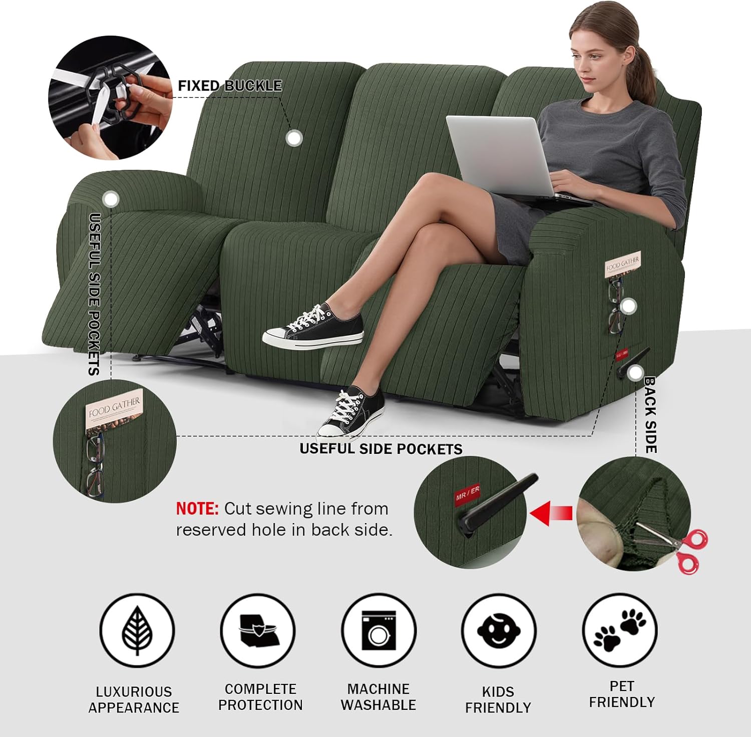 Stretch Recliner Sofa Cover - 5 Pieces Striped Pattern Slipcovers & Durable Furniture Protector for Reclining Couch, Ideal for Kids and Pets (3 Seater, Green)