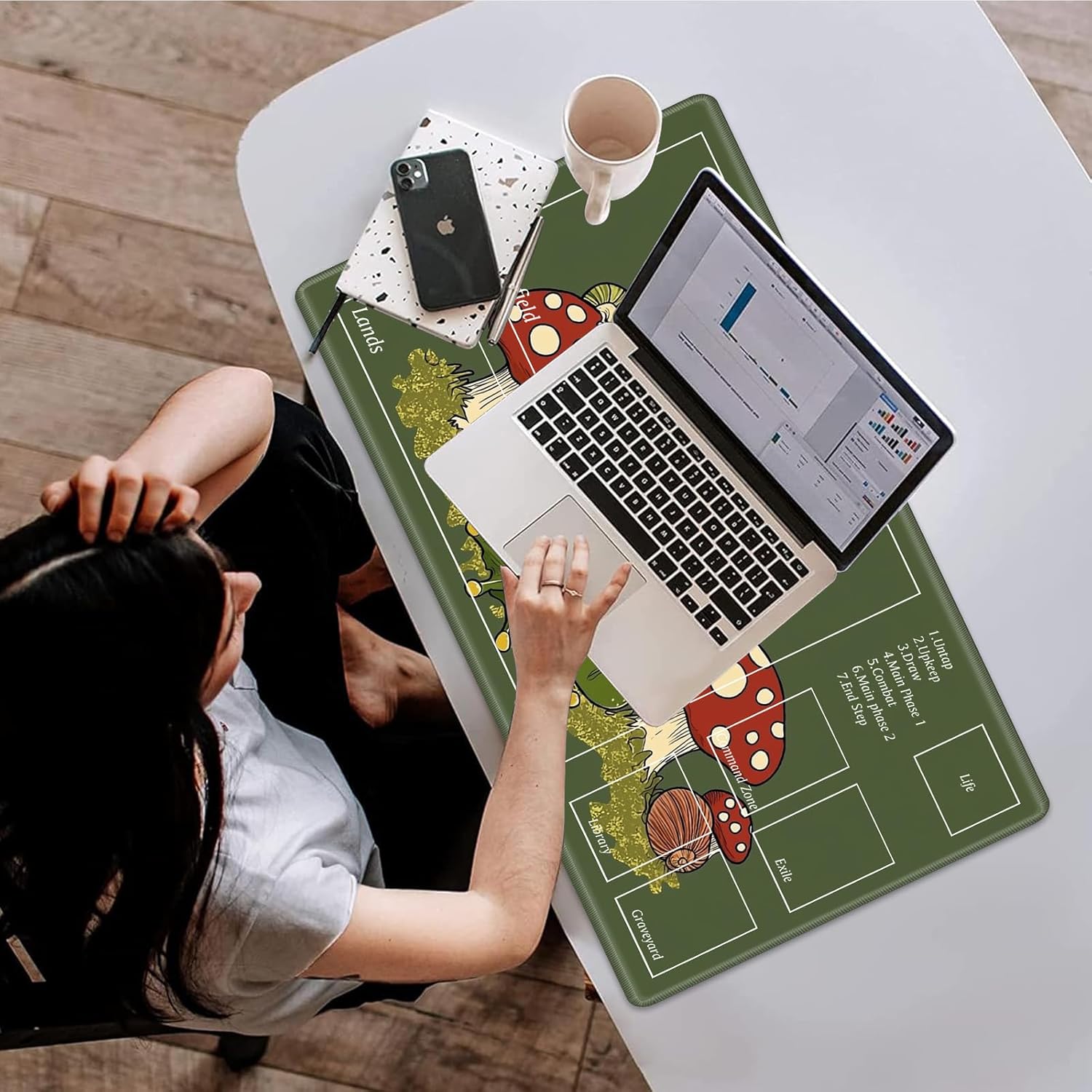 MTG Playmat with Zones – TCG Trading Card Game Mat – 24x14 Inches – Stitched Edges, Non-Slip Rubber Base – Portable Play Mat Desk Mouspad with Storage Bag,Green Cute Frog and Mushroom